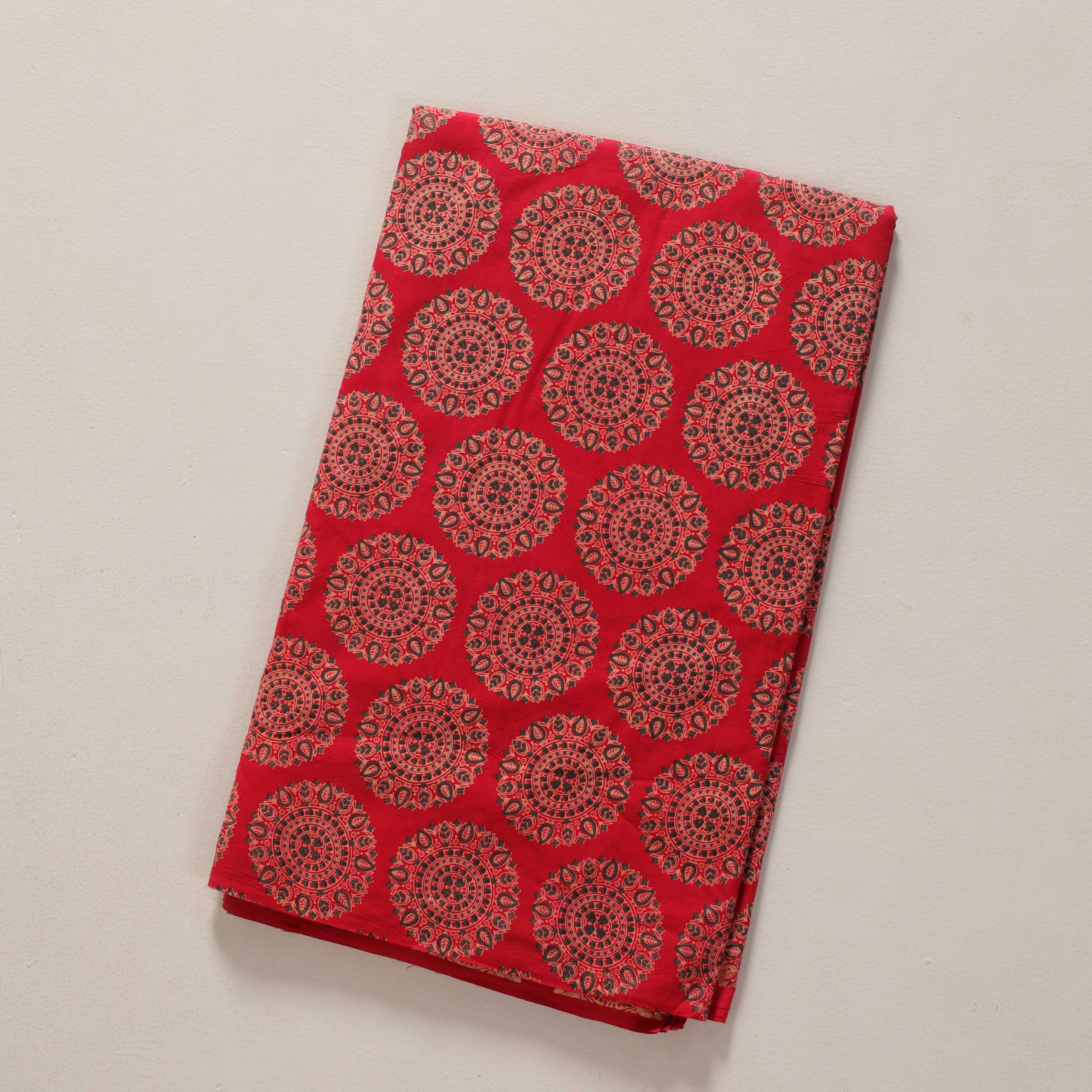 (1 Yard) Artisanal Crimson Mandala Hand-Block Printed Cotton Fabric