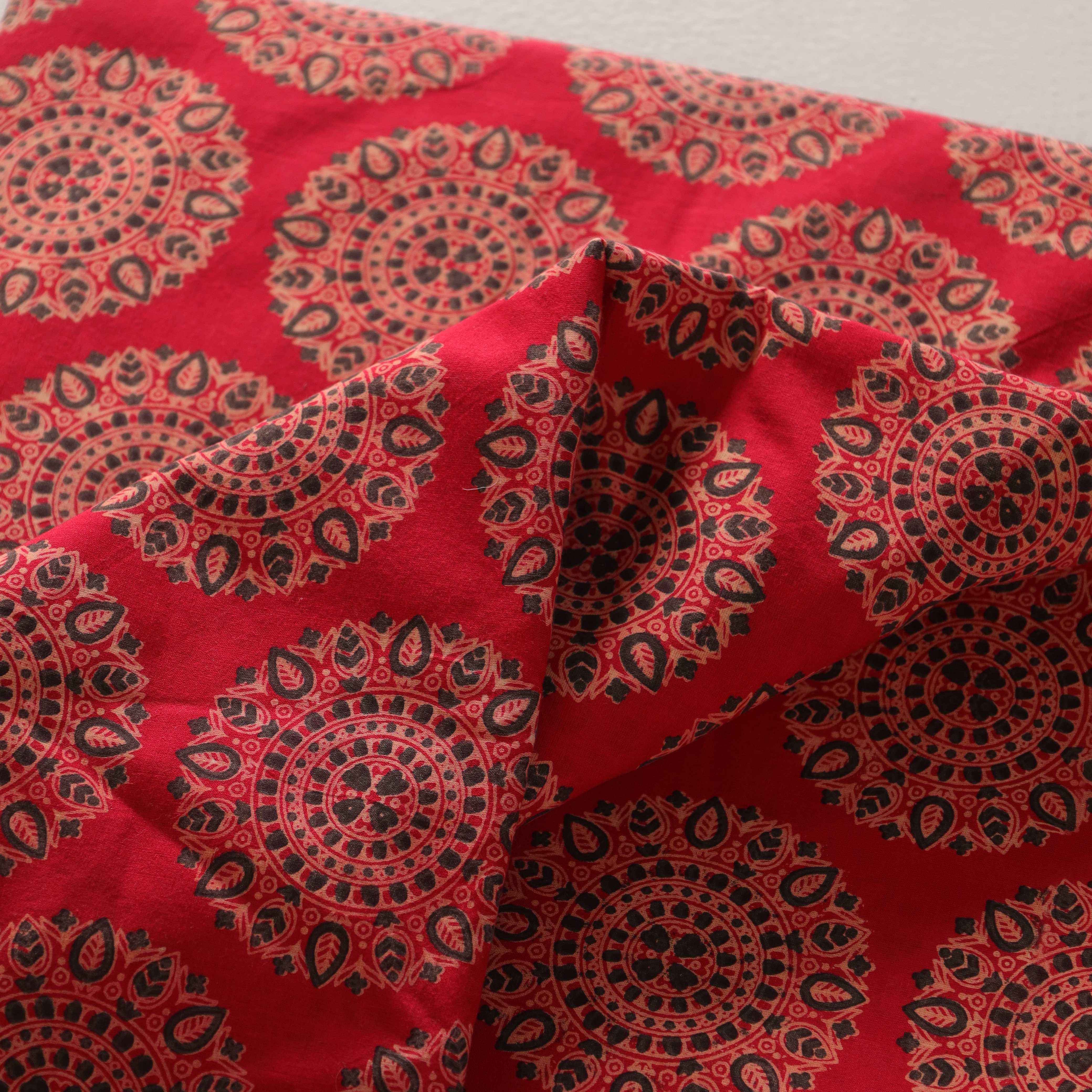 (1 Yard) Artisanal Crimson Mandala Hand-Block Printed Cotton Fabric