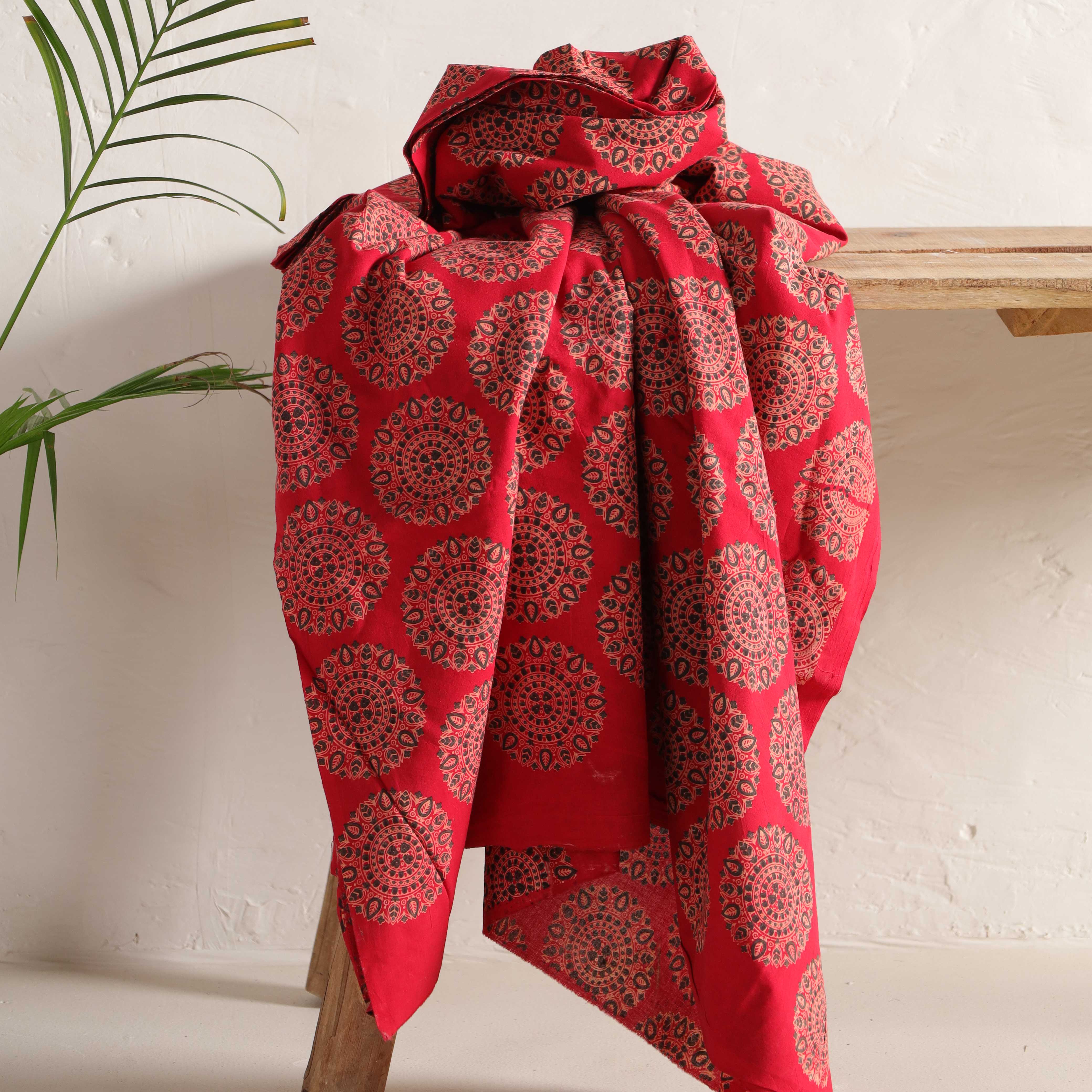 (1 Yard) Artisanal Crimson Mandala Hand-Block Printed Cotton Fabric