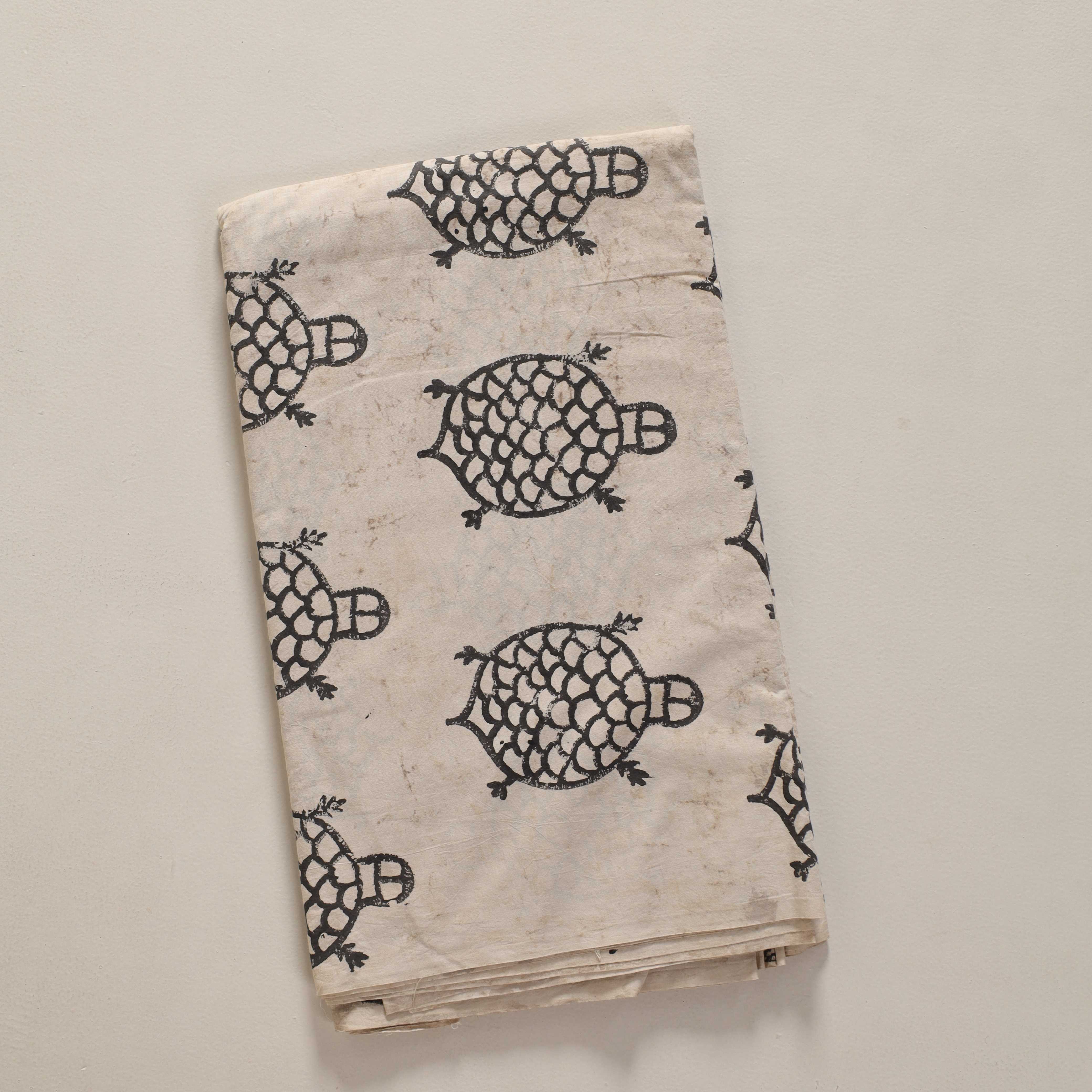 (1 Yard) Artisanal Tortoise Silhouette Hand-Block Printed Cotton – Bone White & Charcoal