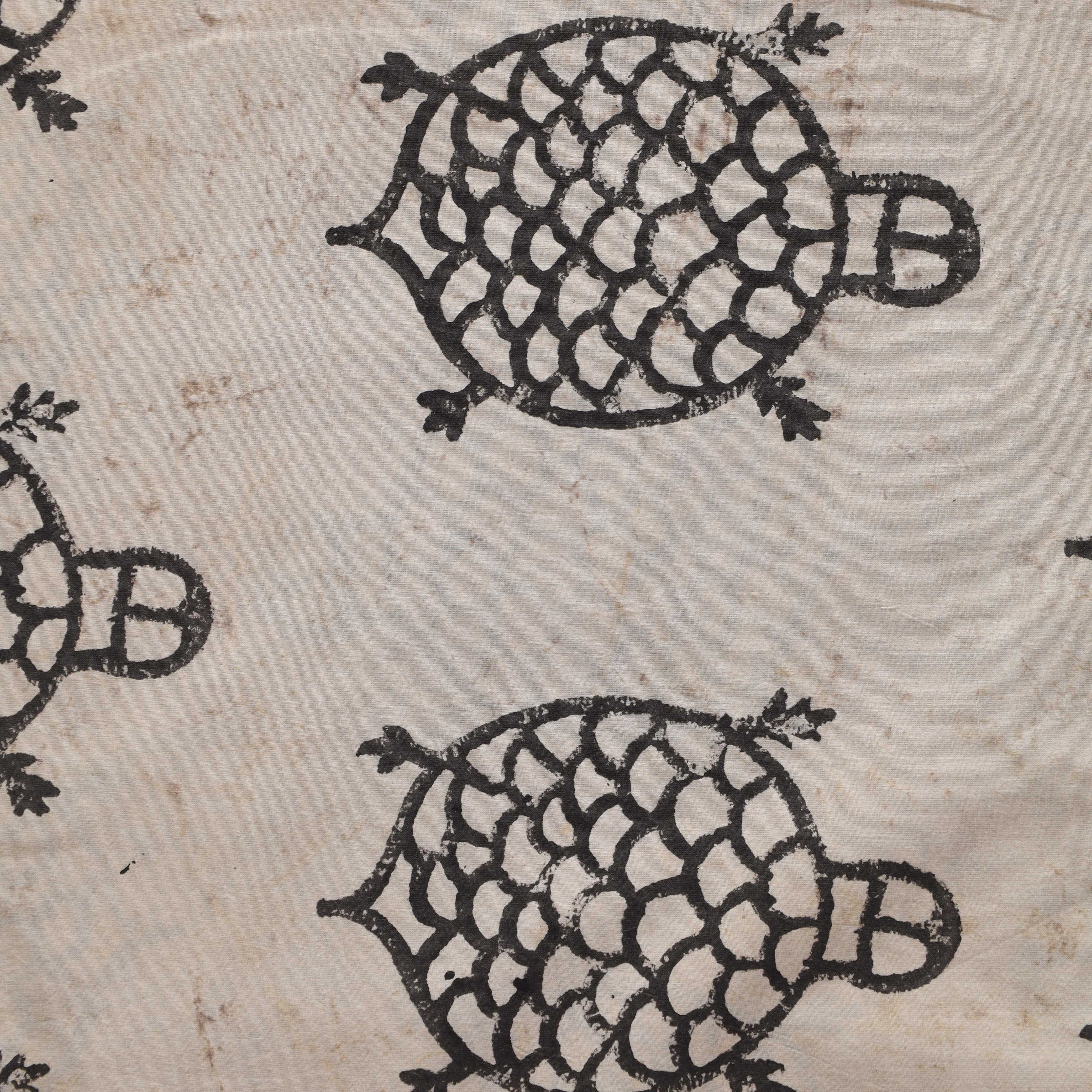 (1 Yard) Artisanal Tortoise Silhouette Hand-Block Printed Cotton – Bone White & Charcoal