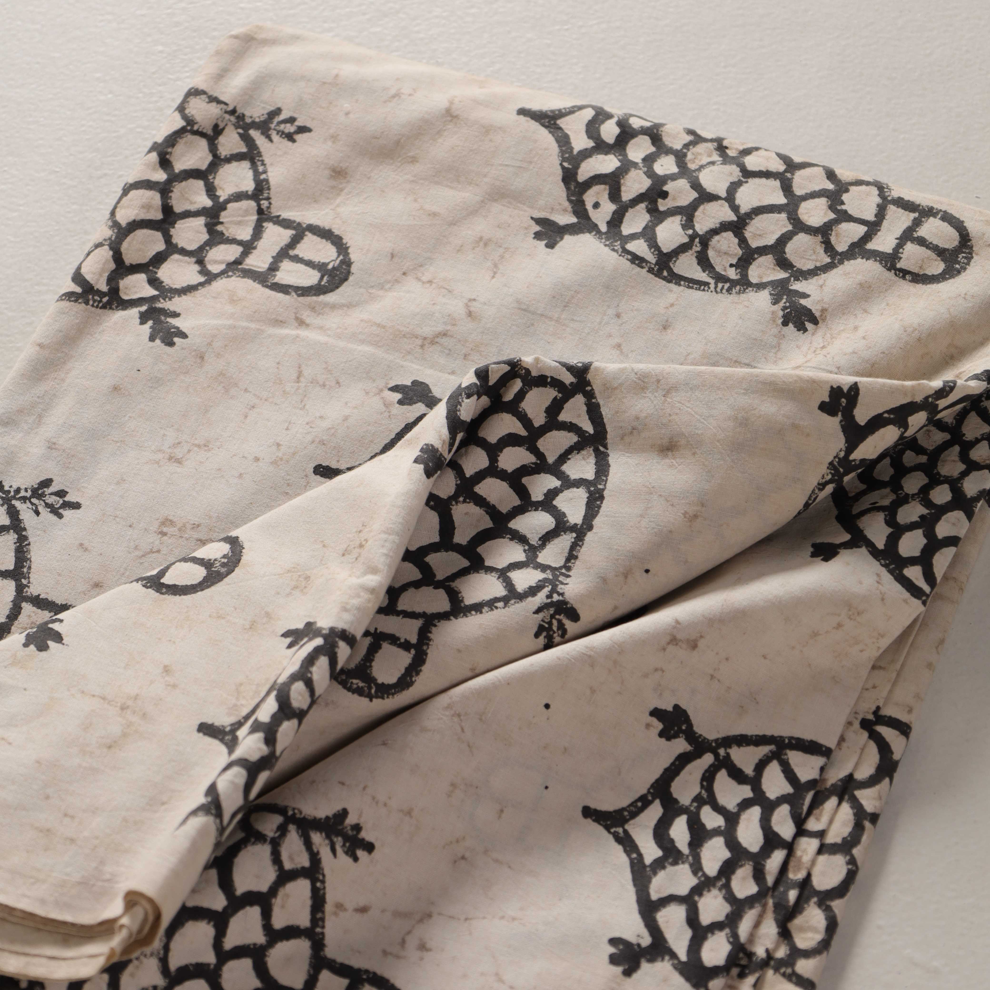 (1 Yard) Artisanal Tortoise Silhouette Hand-Block Printed Cotton – Bone White & Charcoal