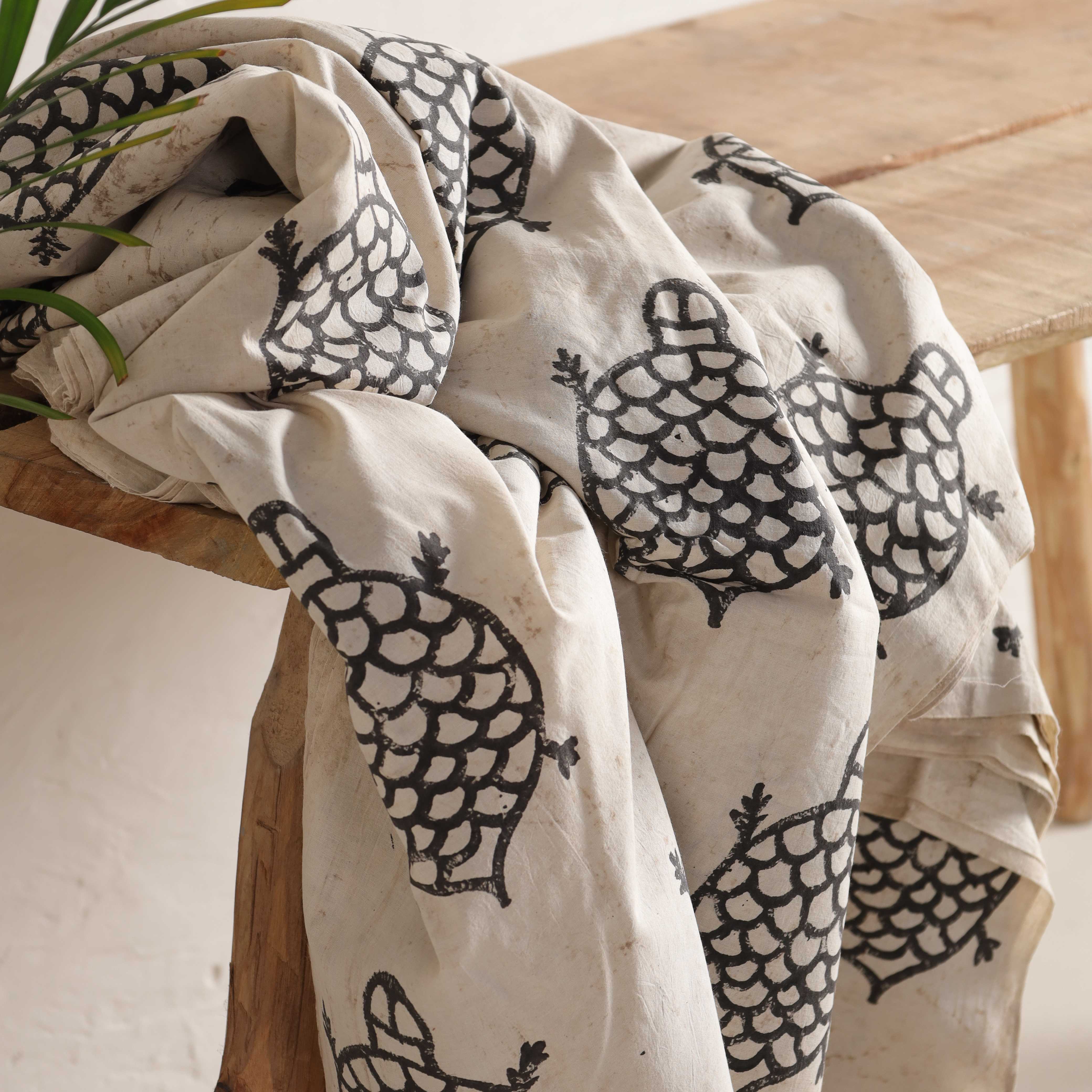 (1 Yard) Artisanal Tortoise Silhouette Hand-Block Printed Cotton – Bone White & Charcoal