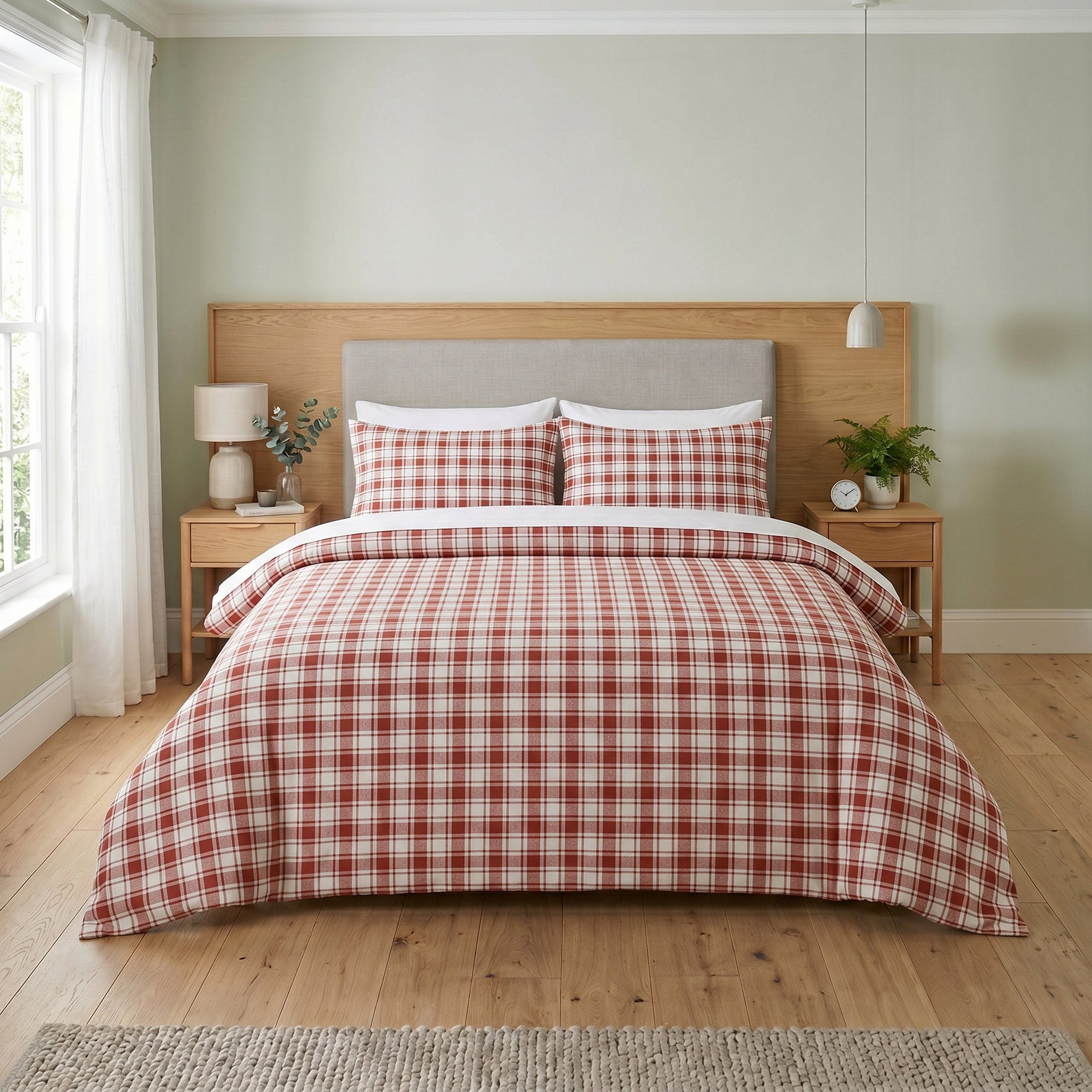 Red Gingham Plaid Bedding Set - Cottagecore Cotton Duvet & Shams