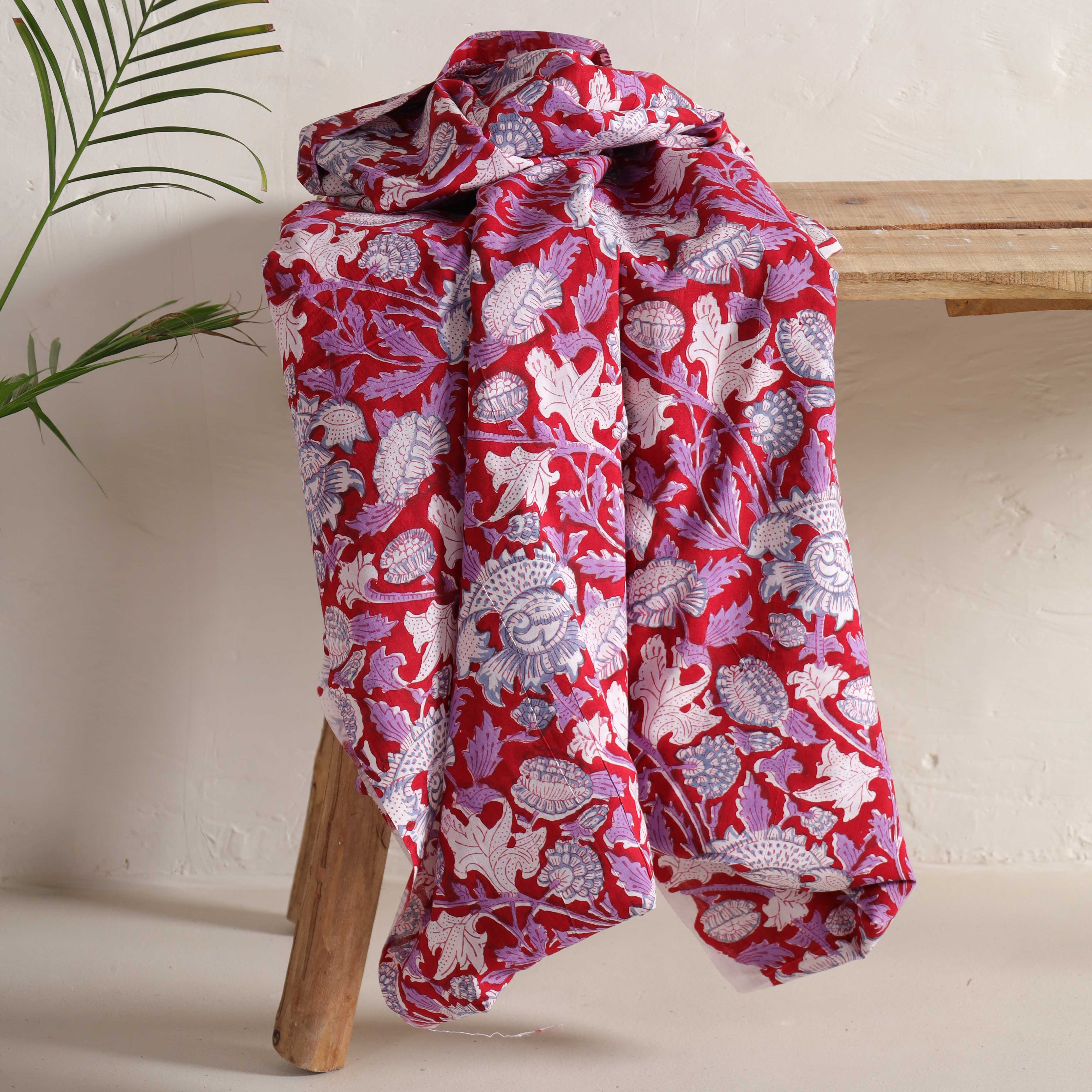 (1 Yard) Artisanal Crimson Mandala Hand-Block Printed Cotton – 42" Width