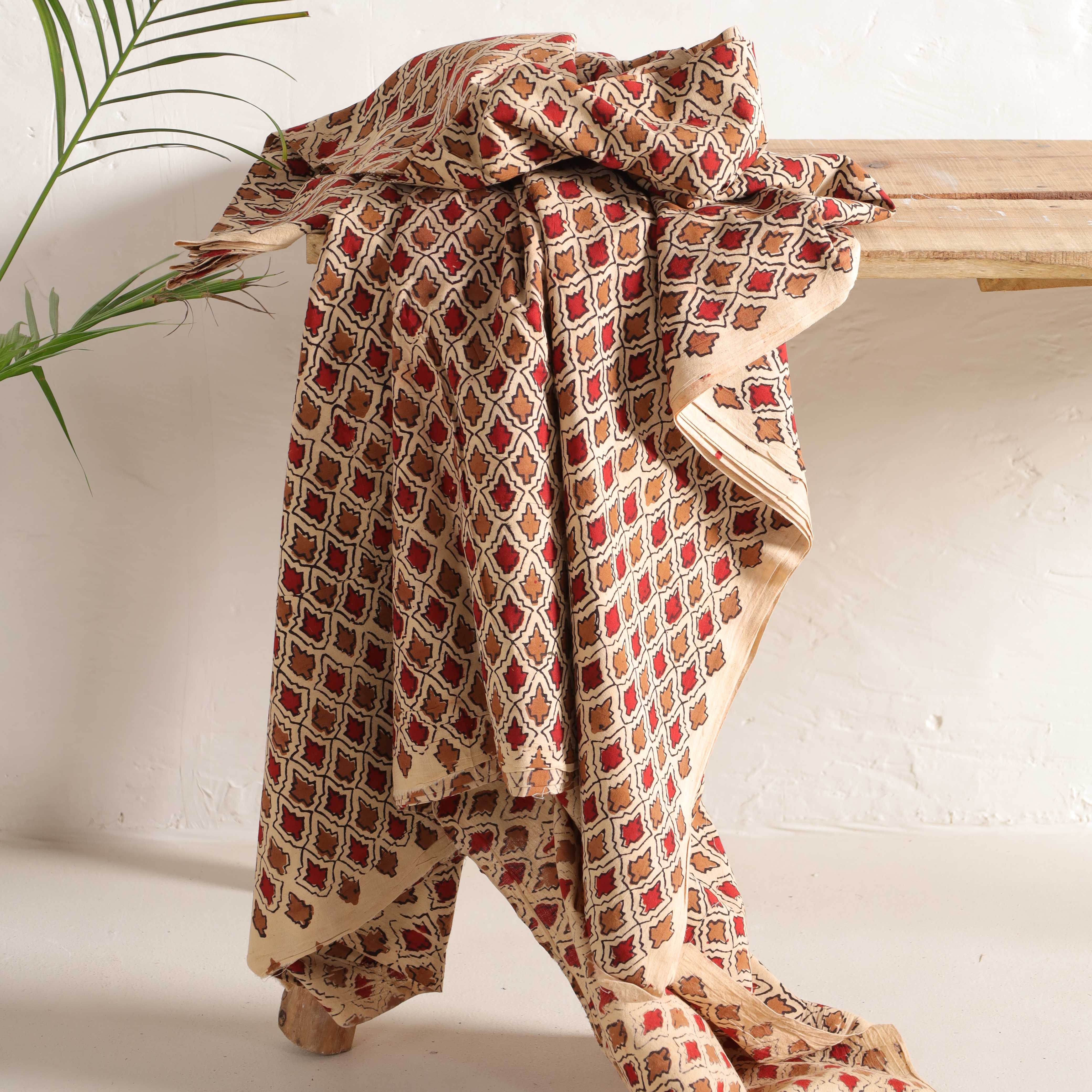 (1 Yard) Artisanal Crimson & Lavender Floral Hand-Block Printed Cotton