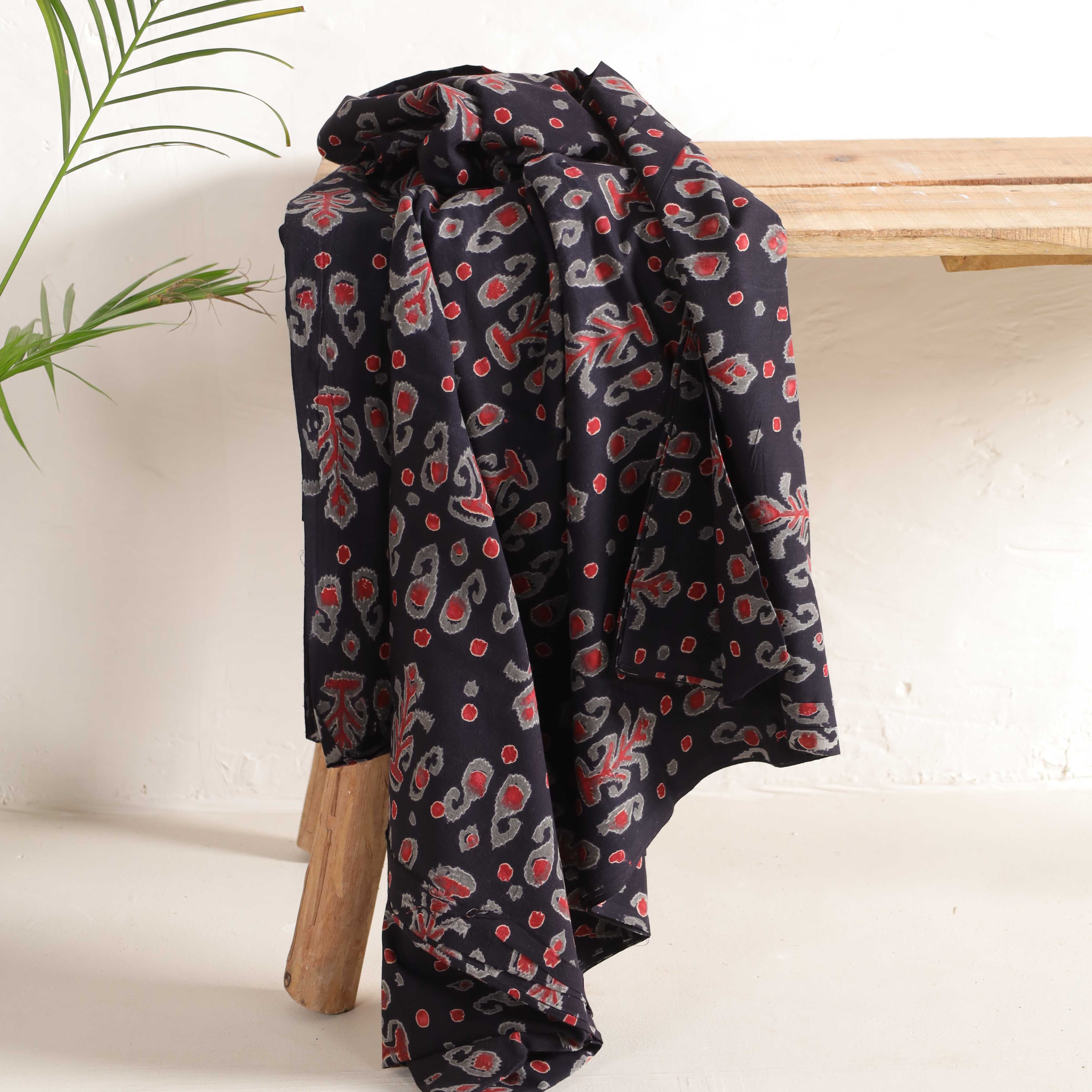 (1 Yard) Artisanal Jet Black Ikat-Style Hand-Block Printed Cotton