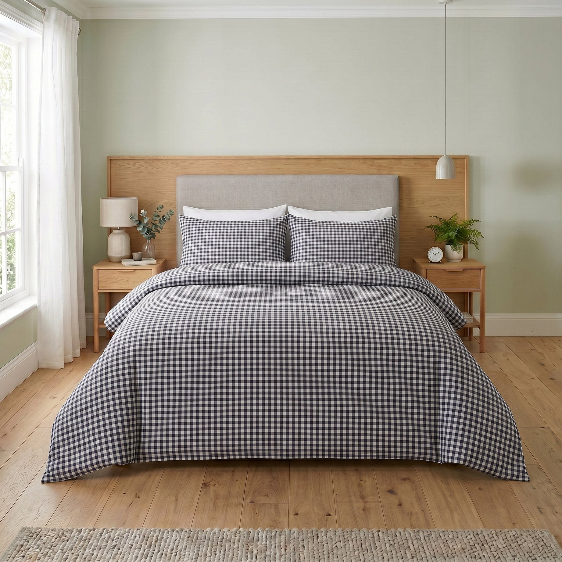 Navy Blue Gingham Bedding Set - Classic Plaid Cotton Duvet & Shams