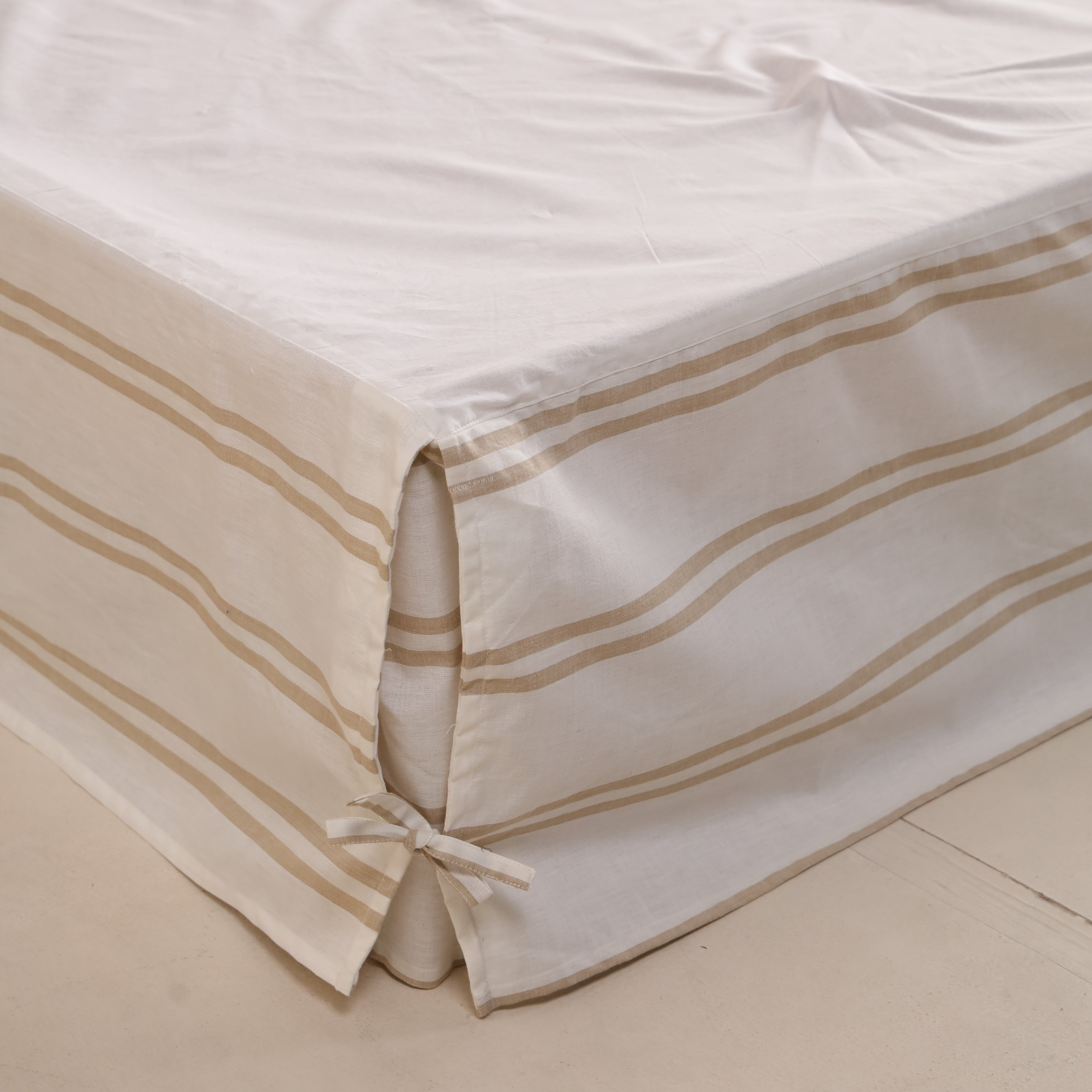French Country Tailored Bed Skirt with Beige Stripes – Box Pleat Bed Valance with Corner Ties