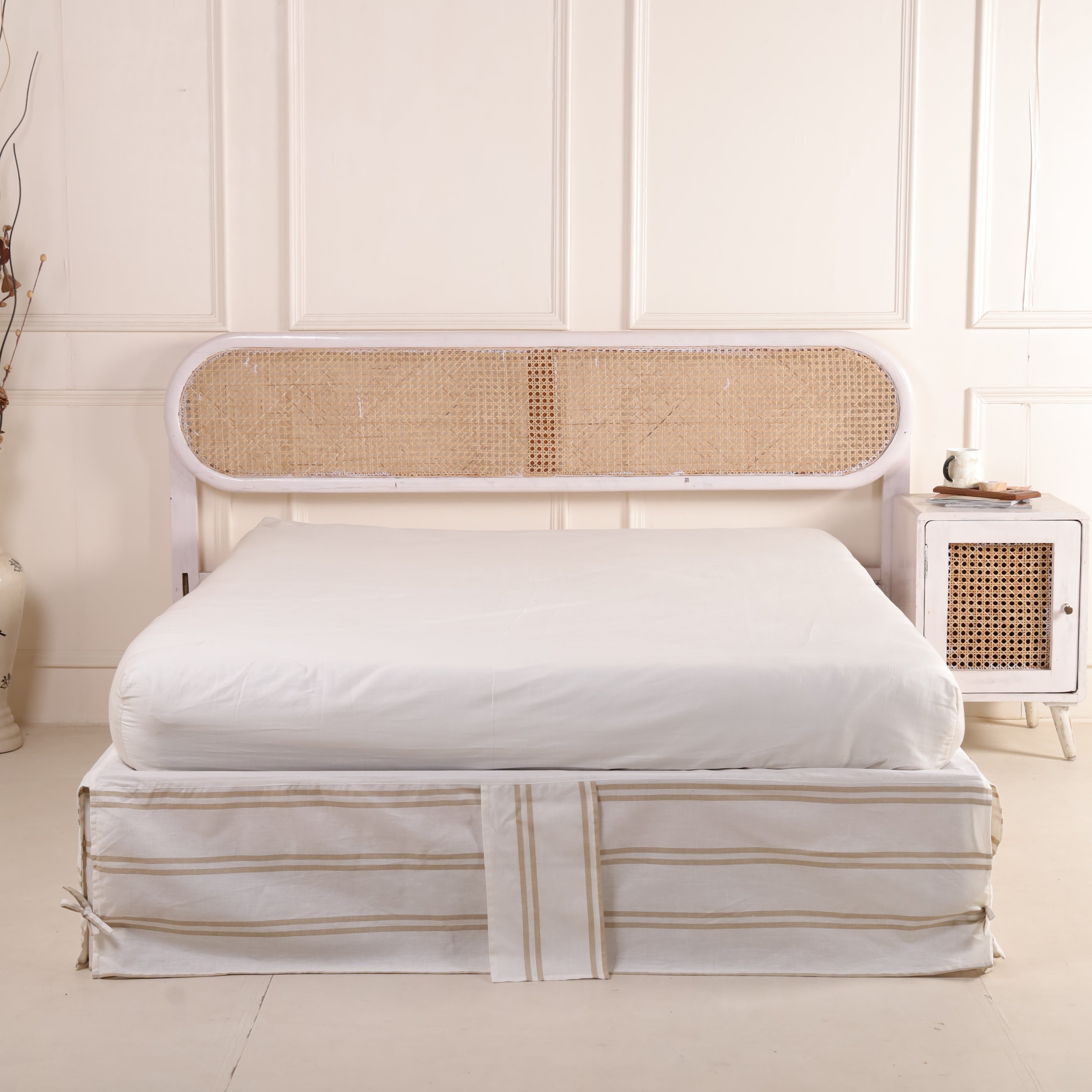 French Country Tailored Bed Skirt with Beige Stripes – Box Pleat Bed Valance with Corner Ties