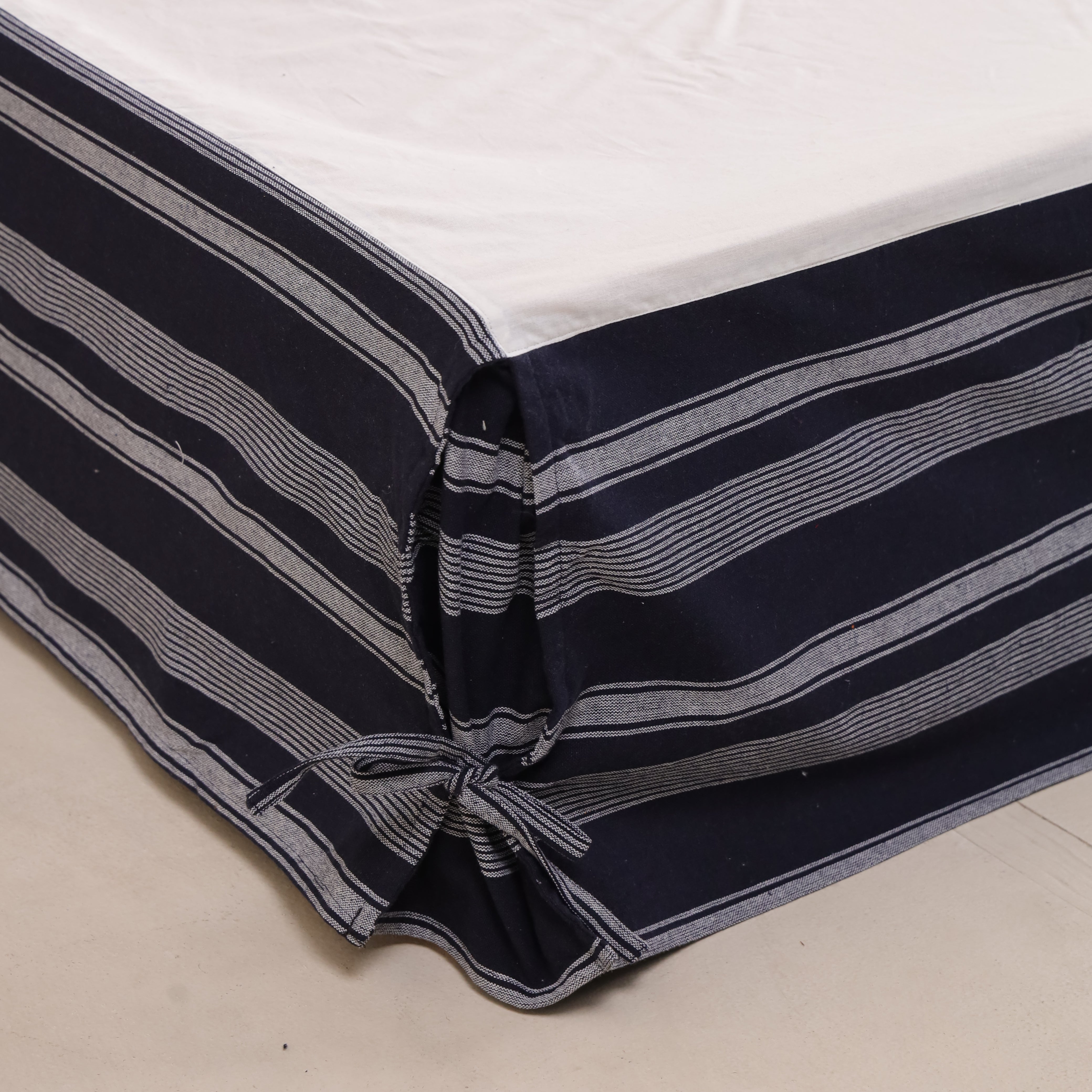 Nautical Navy Blue Striped Tailored Bed Skirt – Premium Pleated Bed Valance