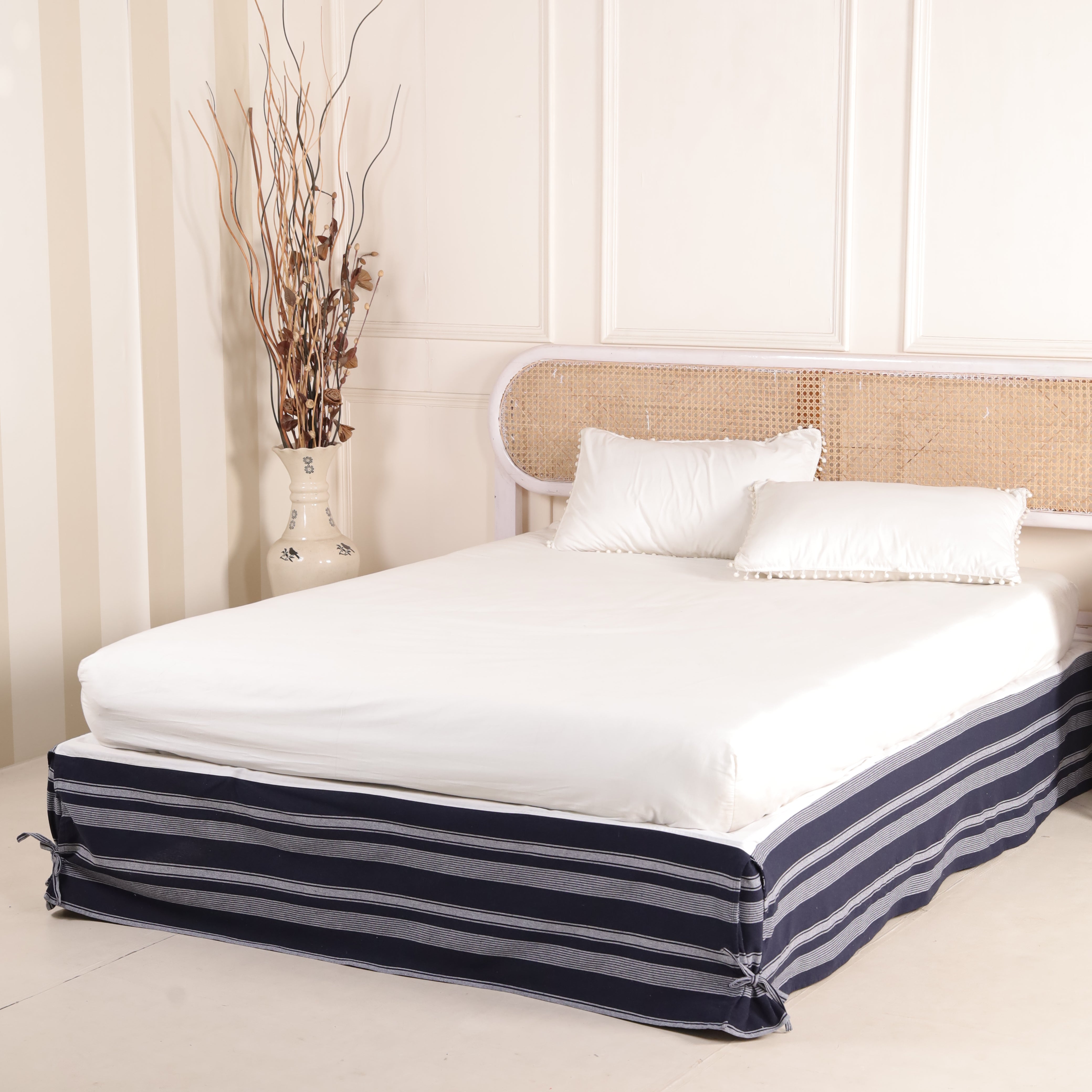 Nautical Navy Blue Striped Tailored Bed Skirt – Premium Pleated Bed Valance