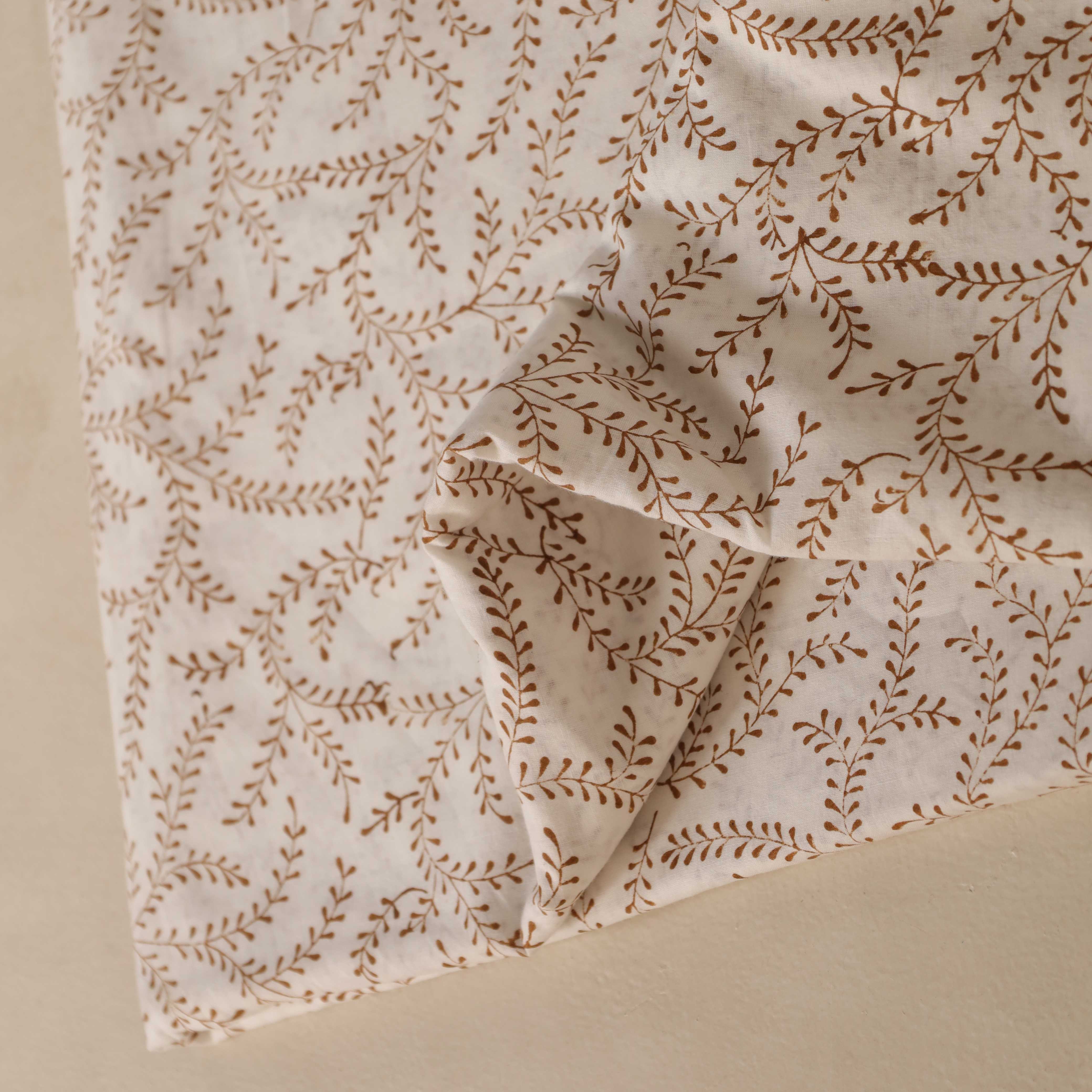 (1 Yard) Earthy Vine Hand Block Printed Cotton Fabric - Artisan Crafted