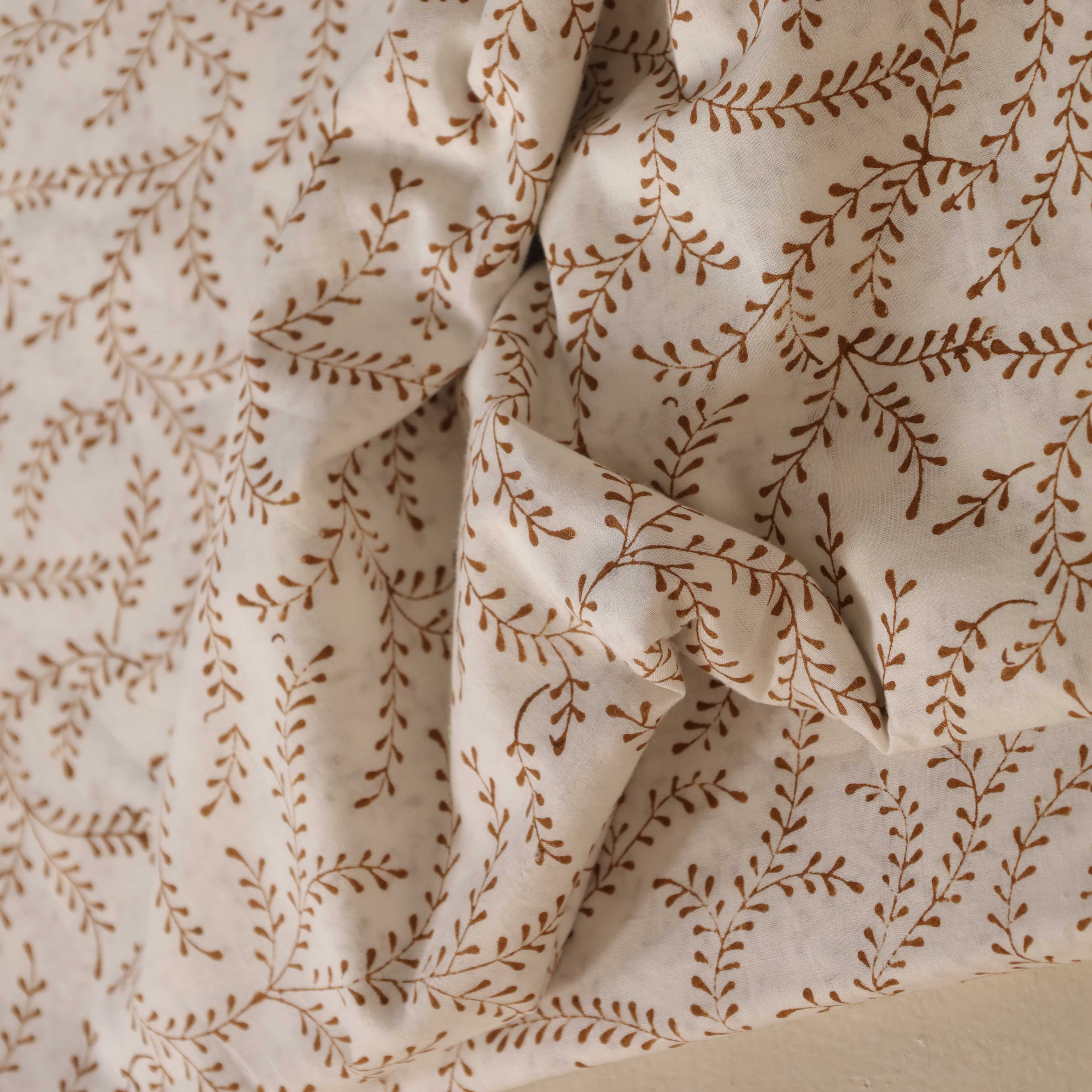 (1 Yard) Earthy Vine Hand Block Printed Cotton Fabric - Artisan Crafted