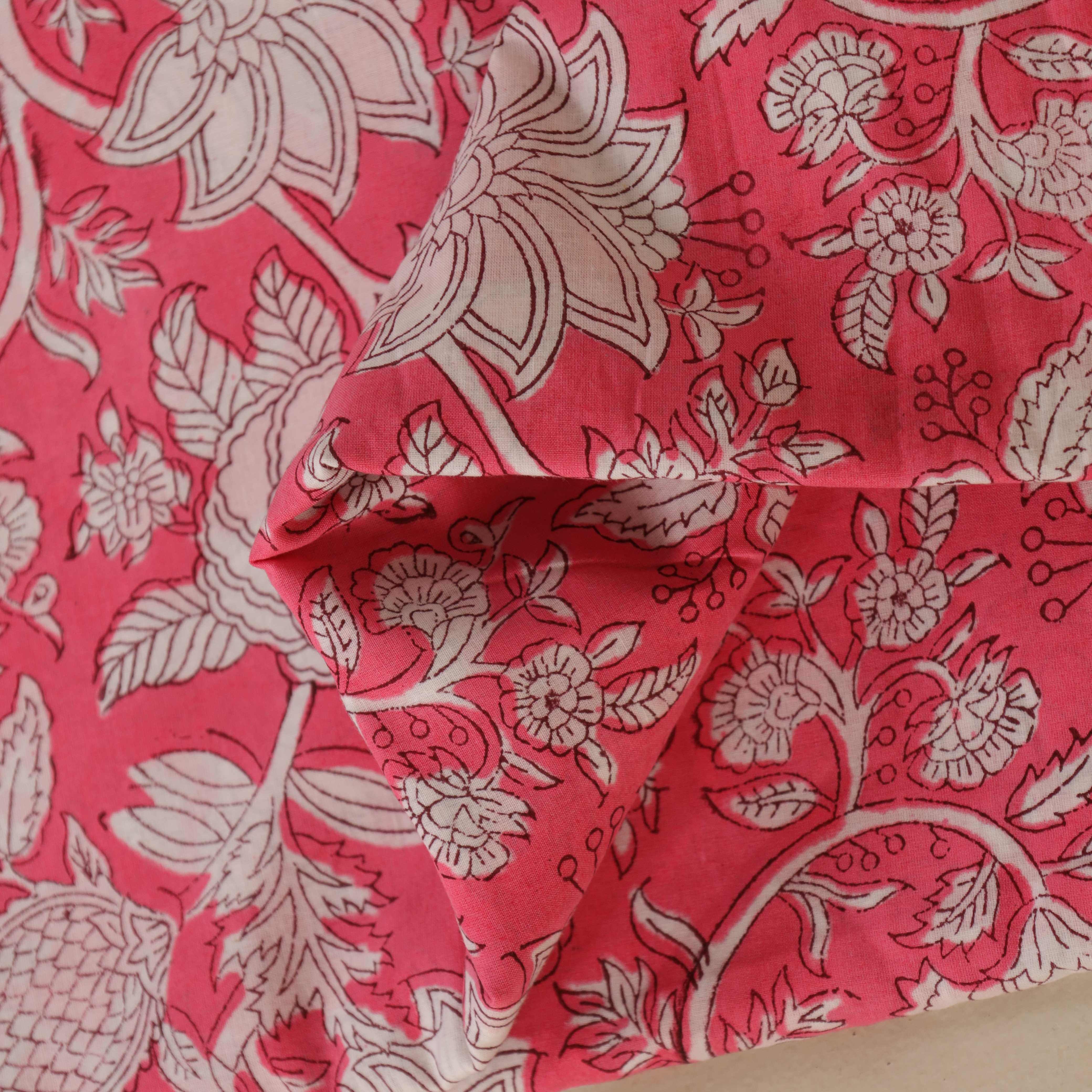 (1 Yard) Rose Petal Floral Hand Block Printed Cotton Fabric - Artisan Crafted