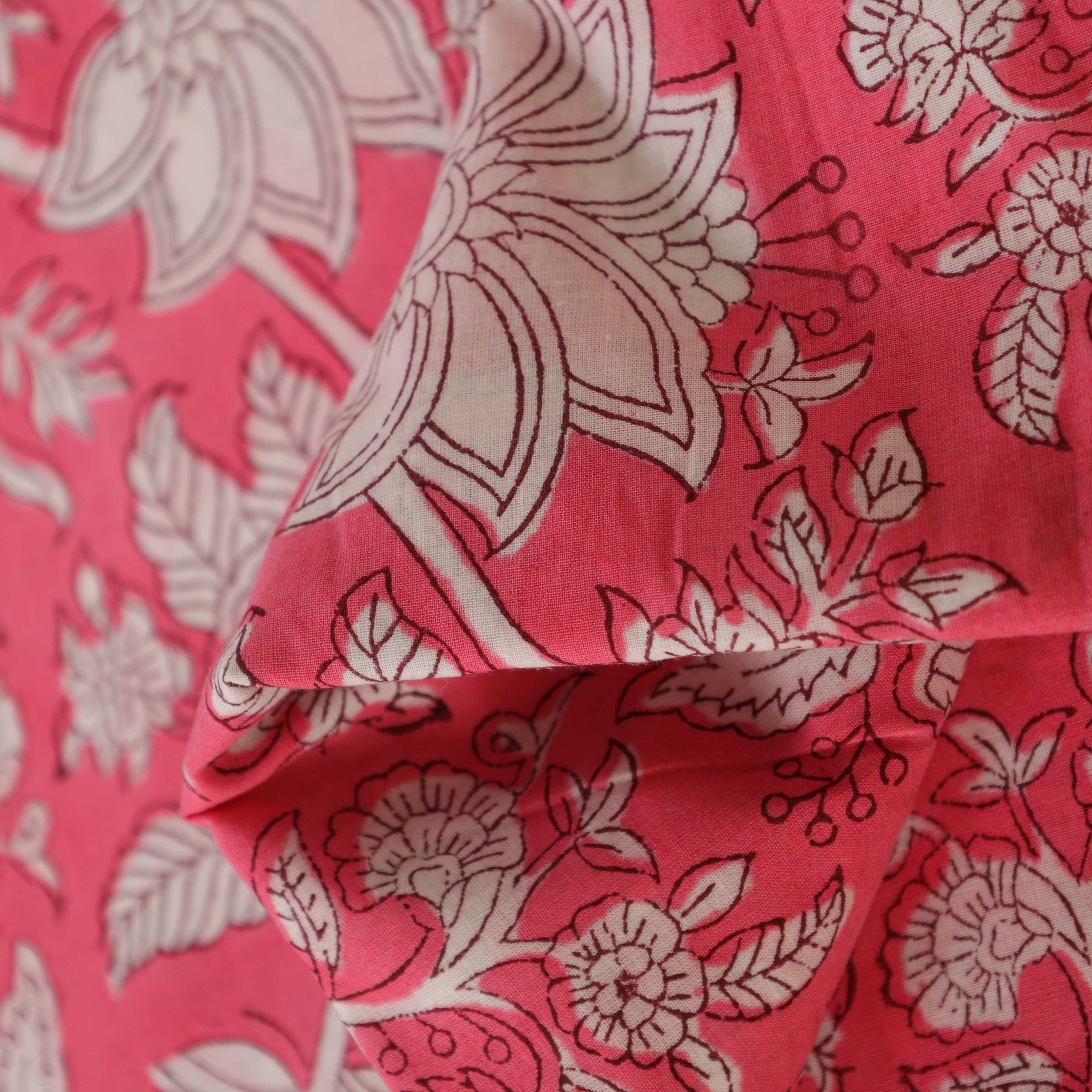 (1 Yard) Rose Petal Floral Hand Block Printed Cotton Fabric - Artisan Crafted