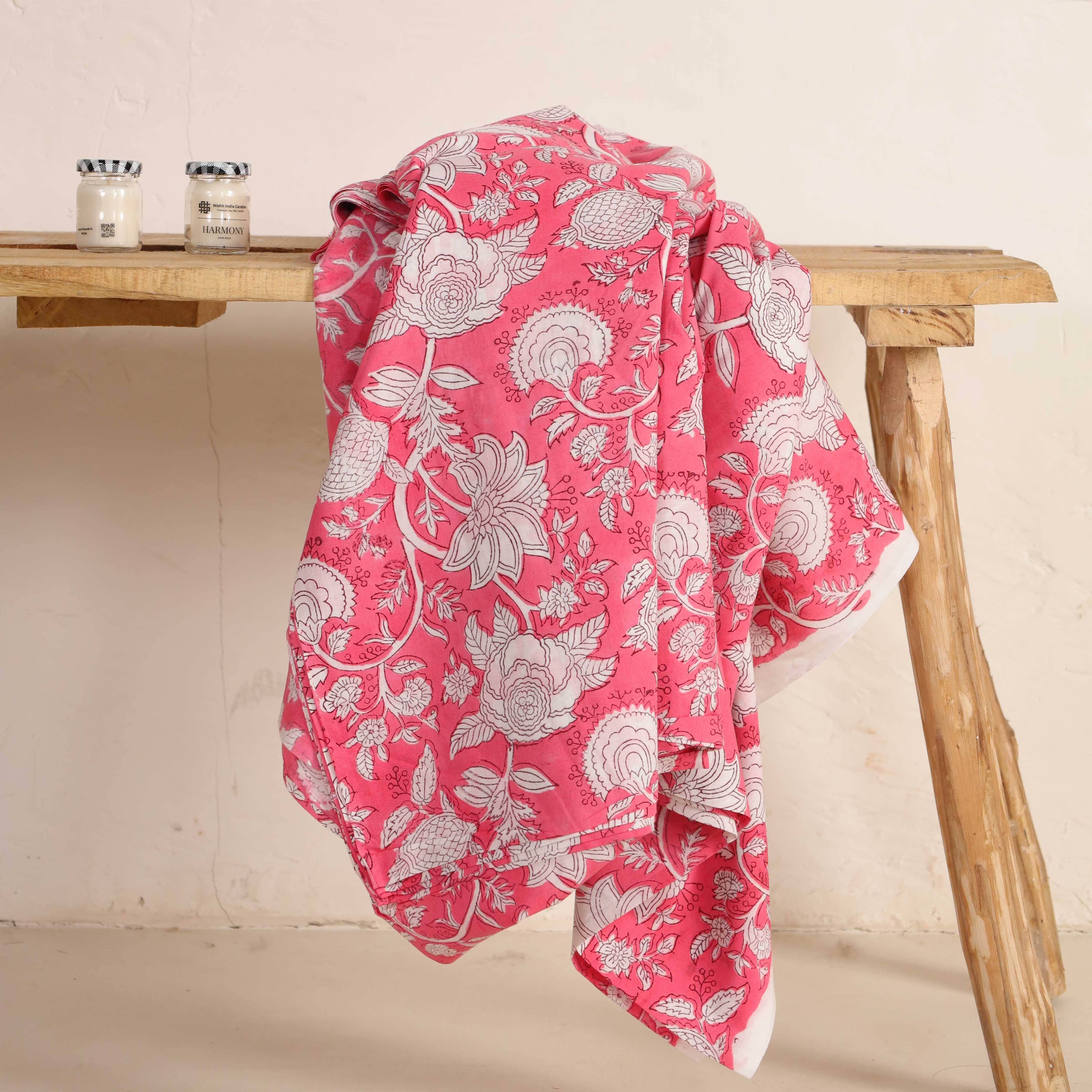 (1 Yard) Rose Petal Floral Hand Block Printed Cotton Fabric - Artisan Crafted