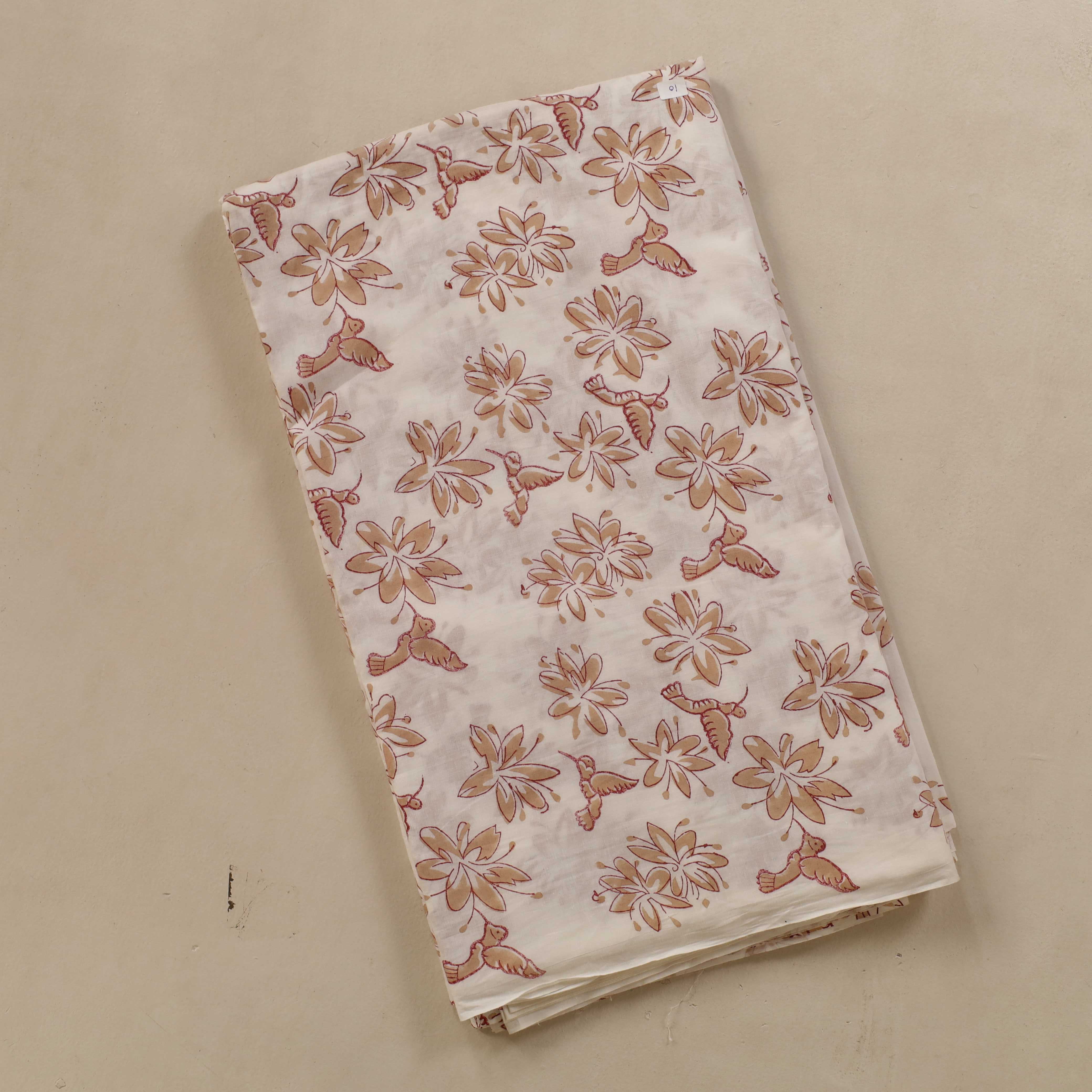 (1 Yard) Artisan Hummingbird & Floral Hand Block Printed Cotton Fabric