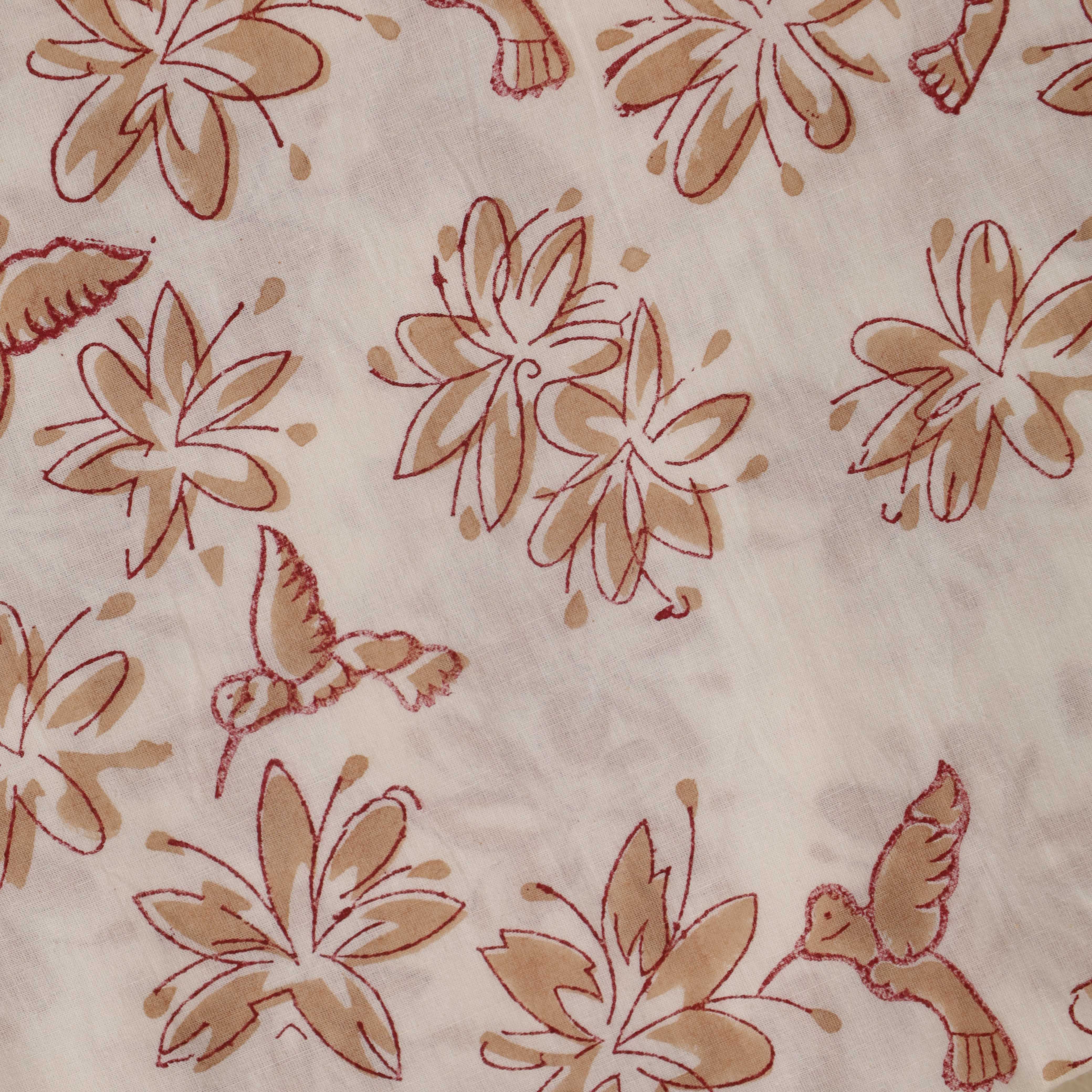 (1 Yard) Artisan Hummingbird & Floral Hand Block Printed Cotton Fabric