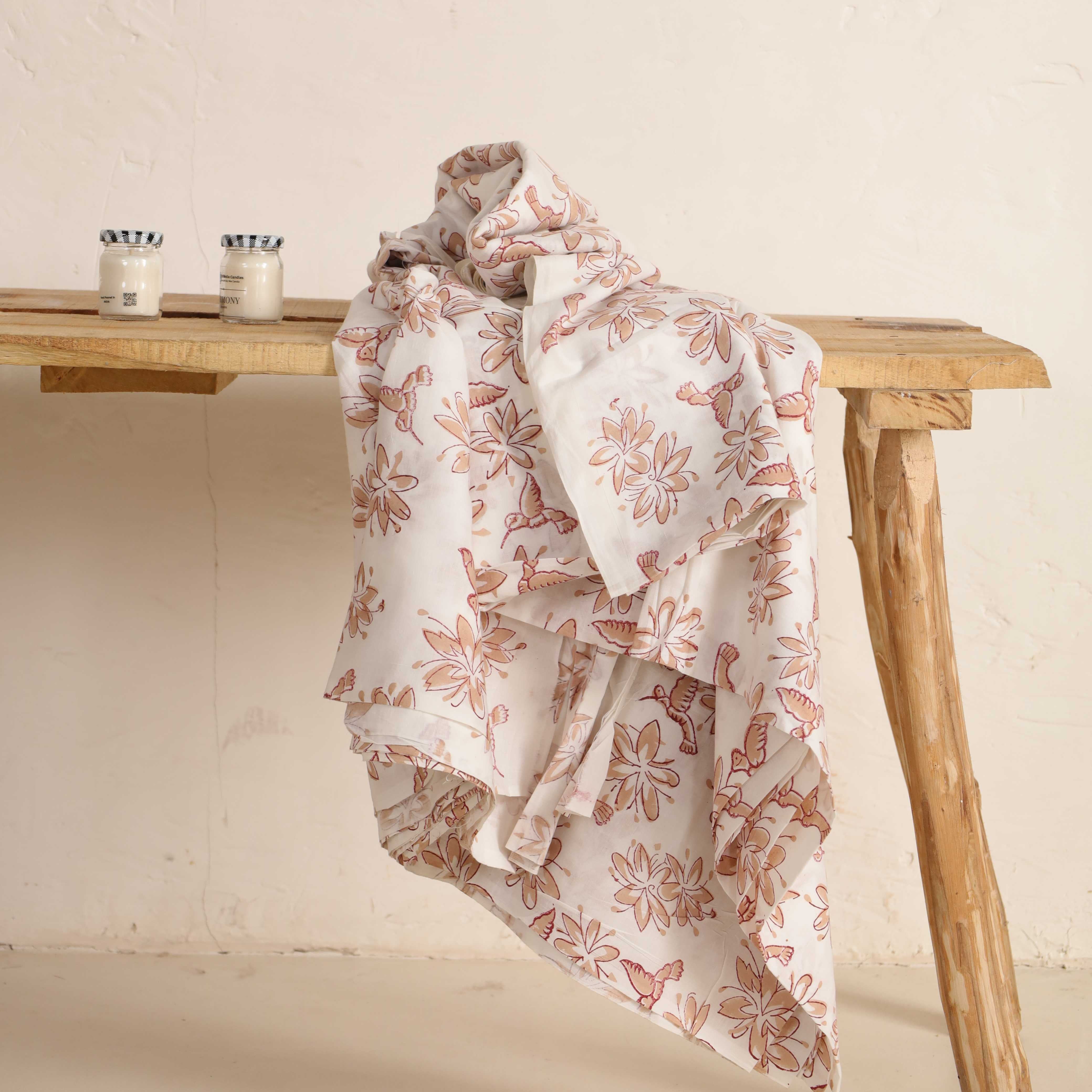 (1 Yard) Artisan Hummingbird & Floral Hand Block Printed Cotton Fabric