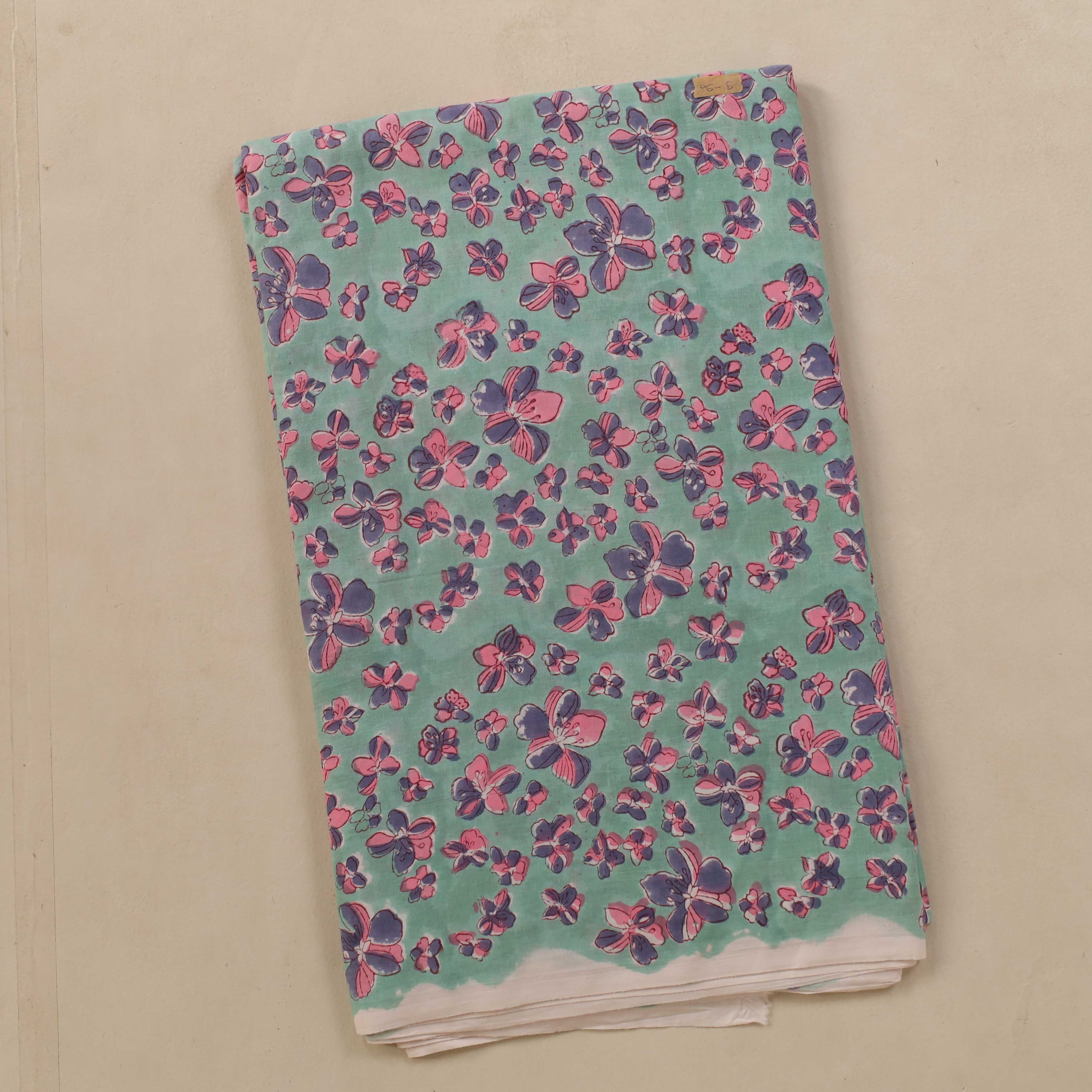 (1 Yard) Teal Meadow Cherry Blossom Hand Block Printed Cotton Fabric - Artisan Crafted
