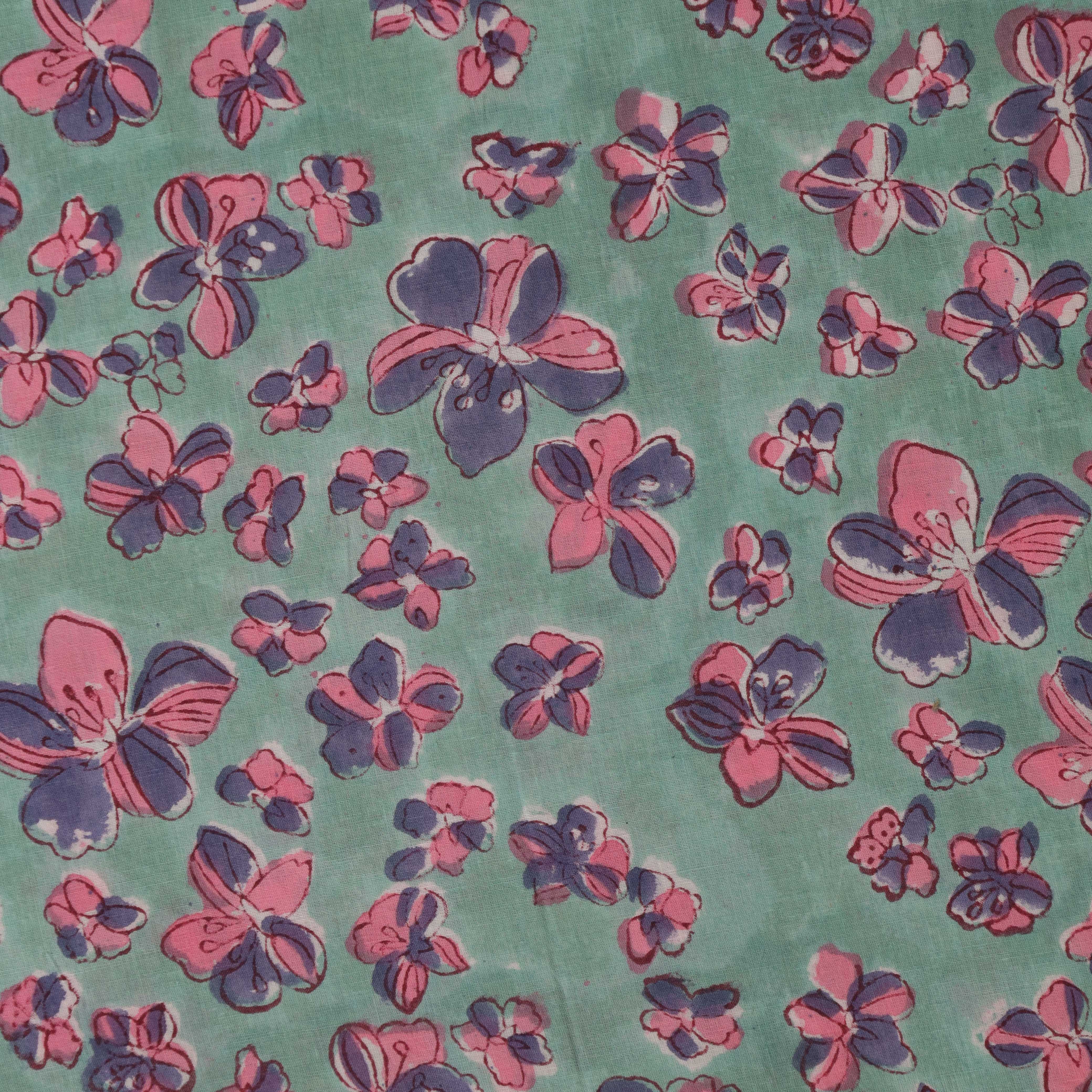 (1 Yard) Teal Meadow Cherry Blossom Hand Block Printed Cotton Fabric - Artisan Crafted
