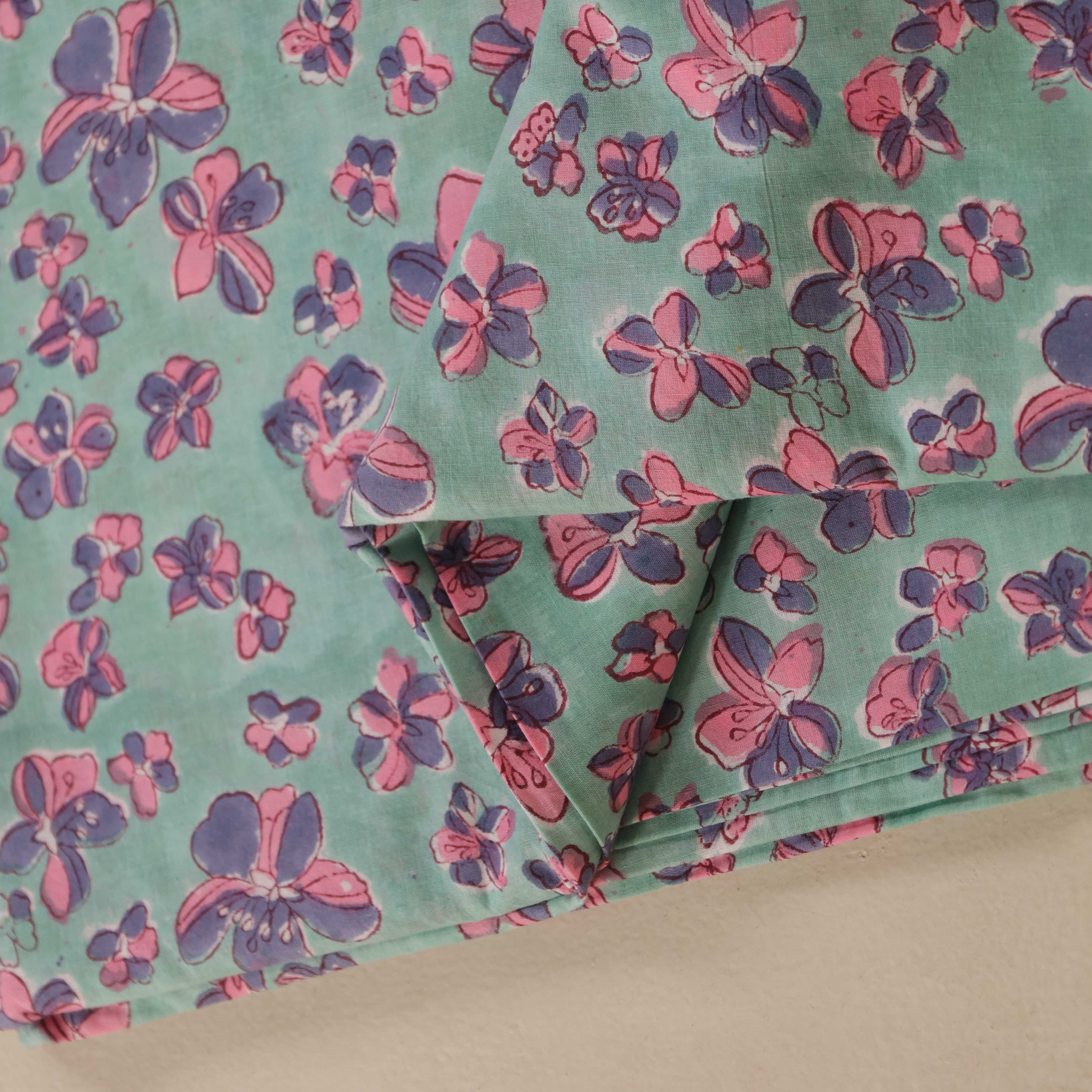 (1 Yard) Teal Meadow Cherry Blossom Hand Block Printed Cotton Fabric - Artisan Crafted