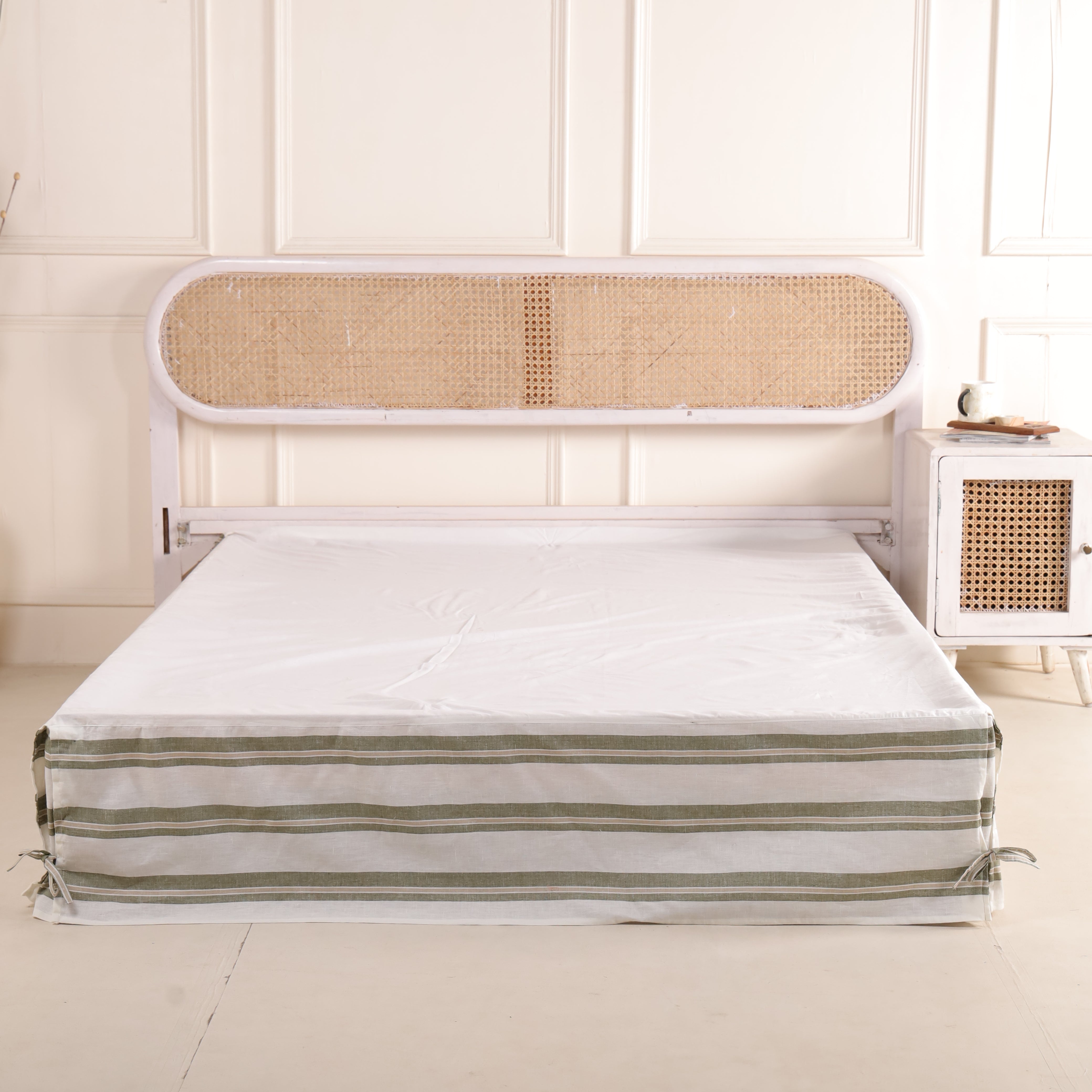 Sage Green Striped Tailored Bed Skirt – Split Corner Bed Valance with Side Ties