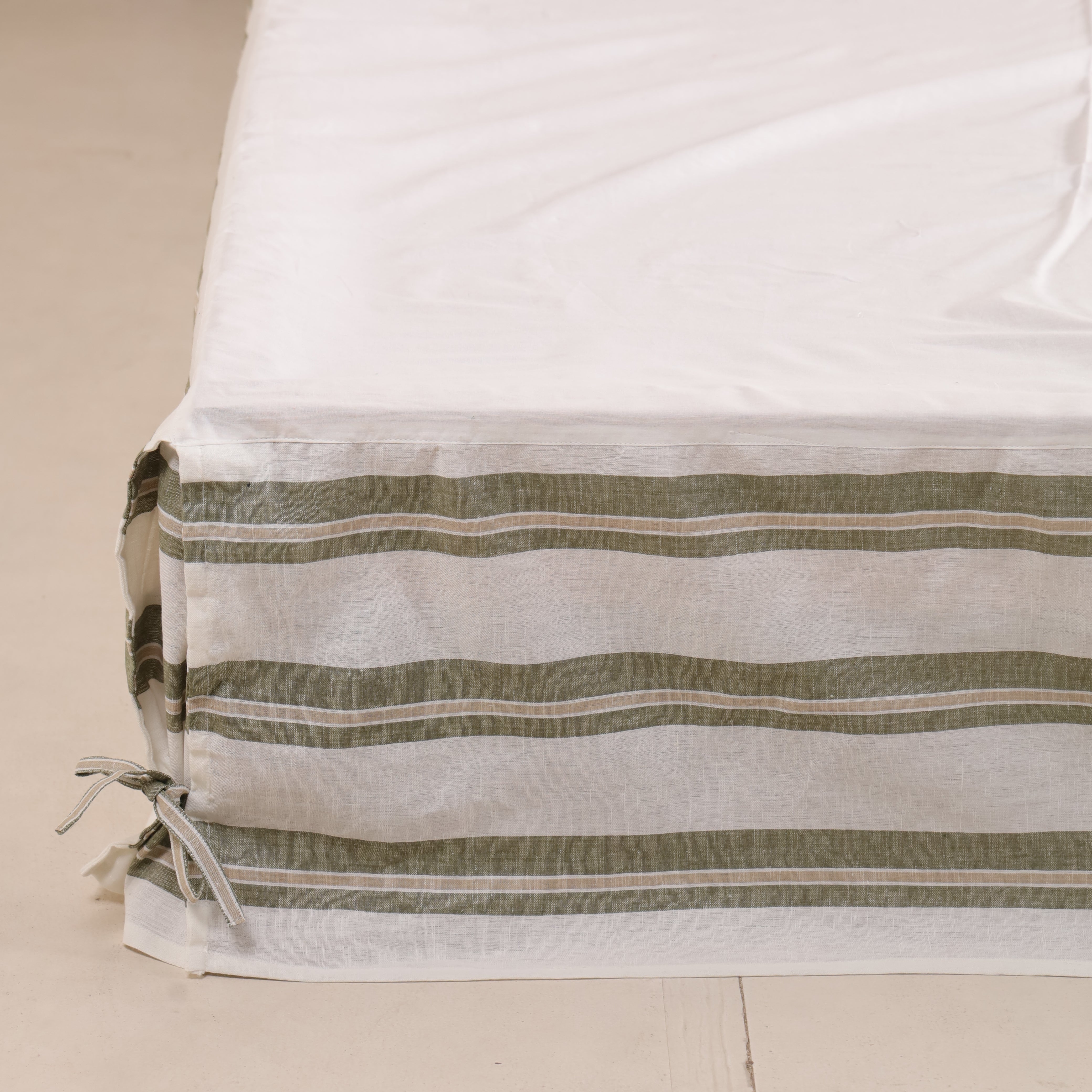 Sage Green Striped Tailored Bed Skirt – Split Corner Bed Valance with Side Ties