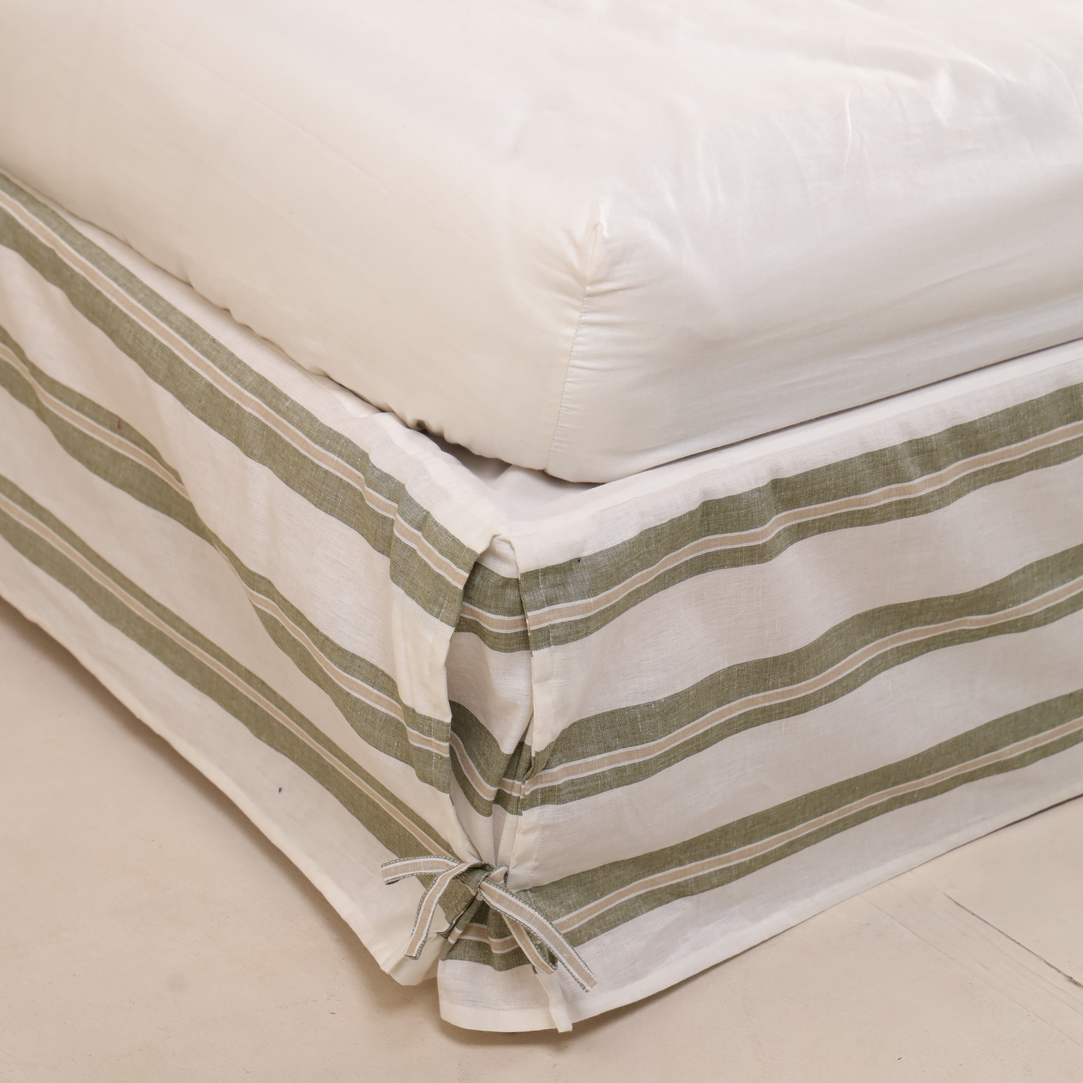Sage Green Striped Tailored Bed Skirt – Split Corner Bed Valance with Side Ties