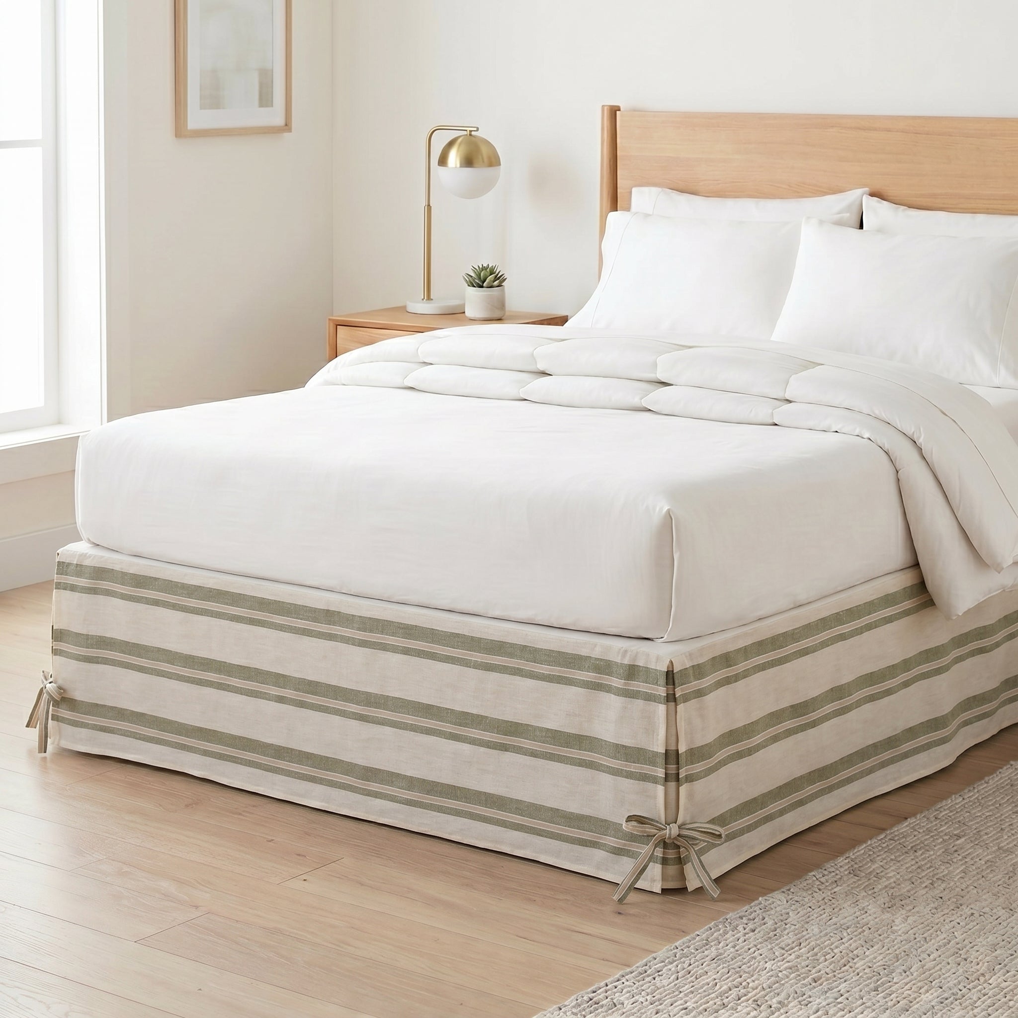 Sage Green Striped Tailored Bed Skirt – Split Corner Bed Valance with Side Ties