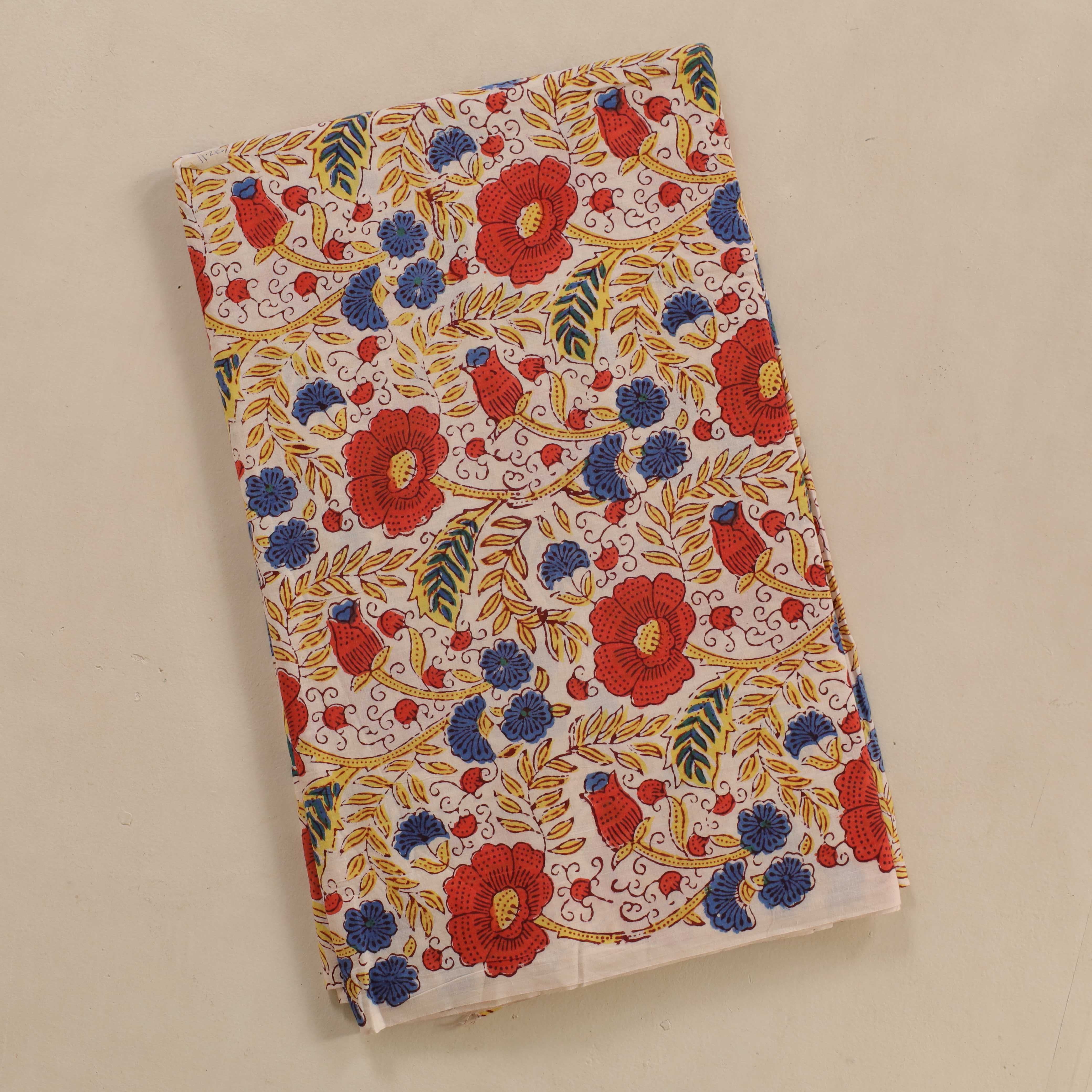 (1 Yard) Saffron Bloom Hand Block Printed Cotton Fabric - Artisan Crafted