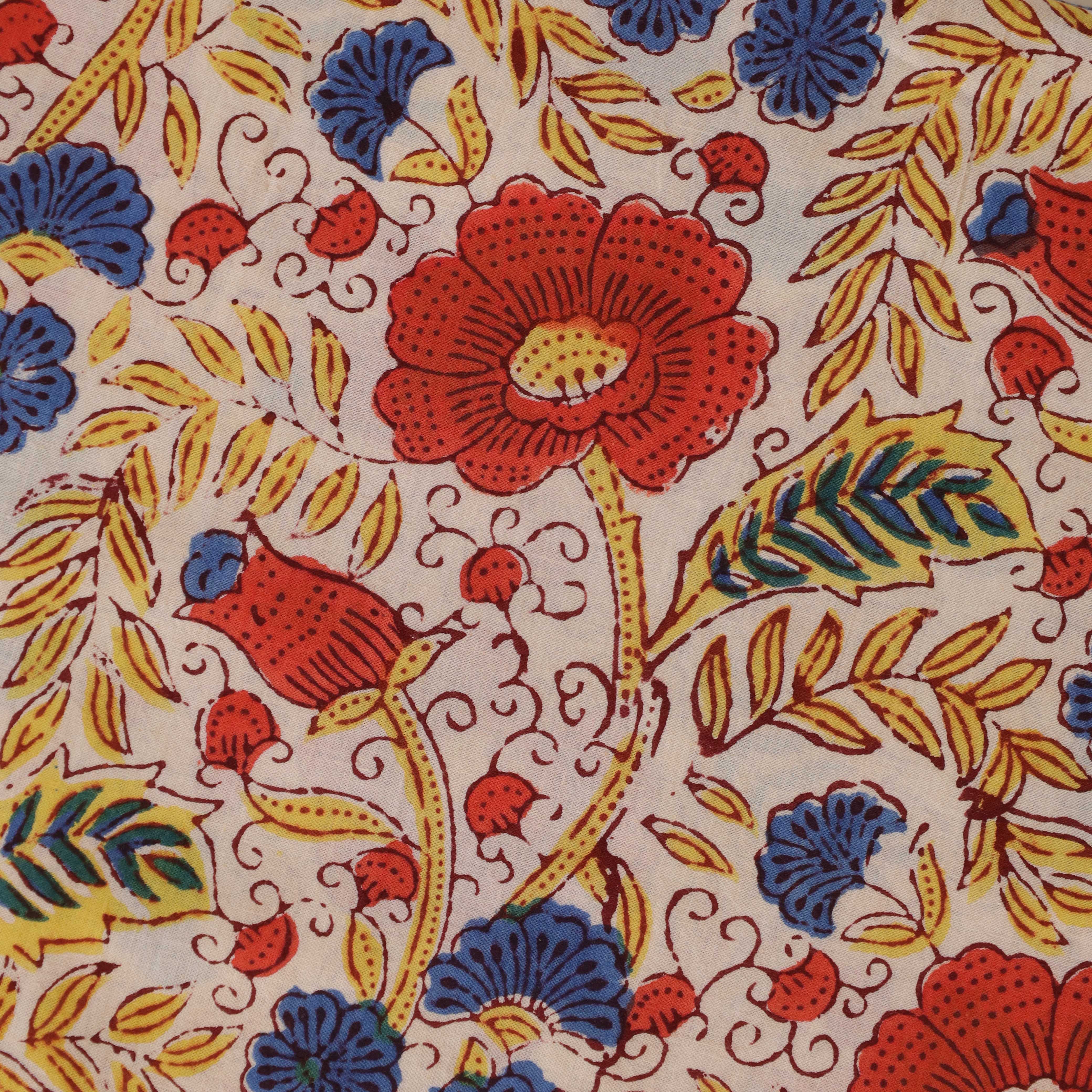 (1 Yard) Saffron Bloom Hand Block Printed Cotton Fabric - Artisan Crafted