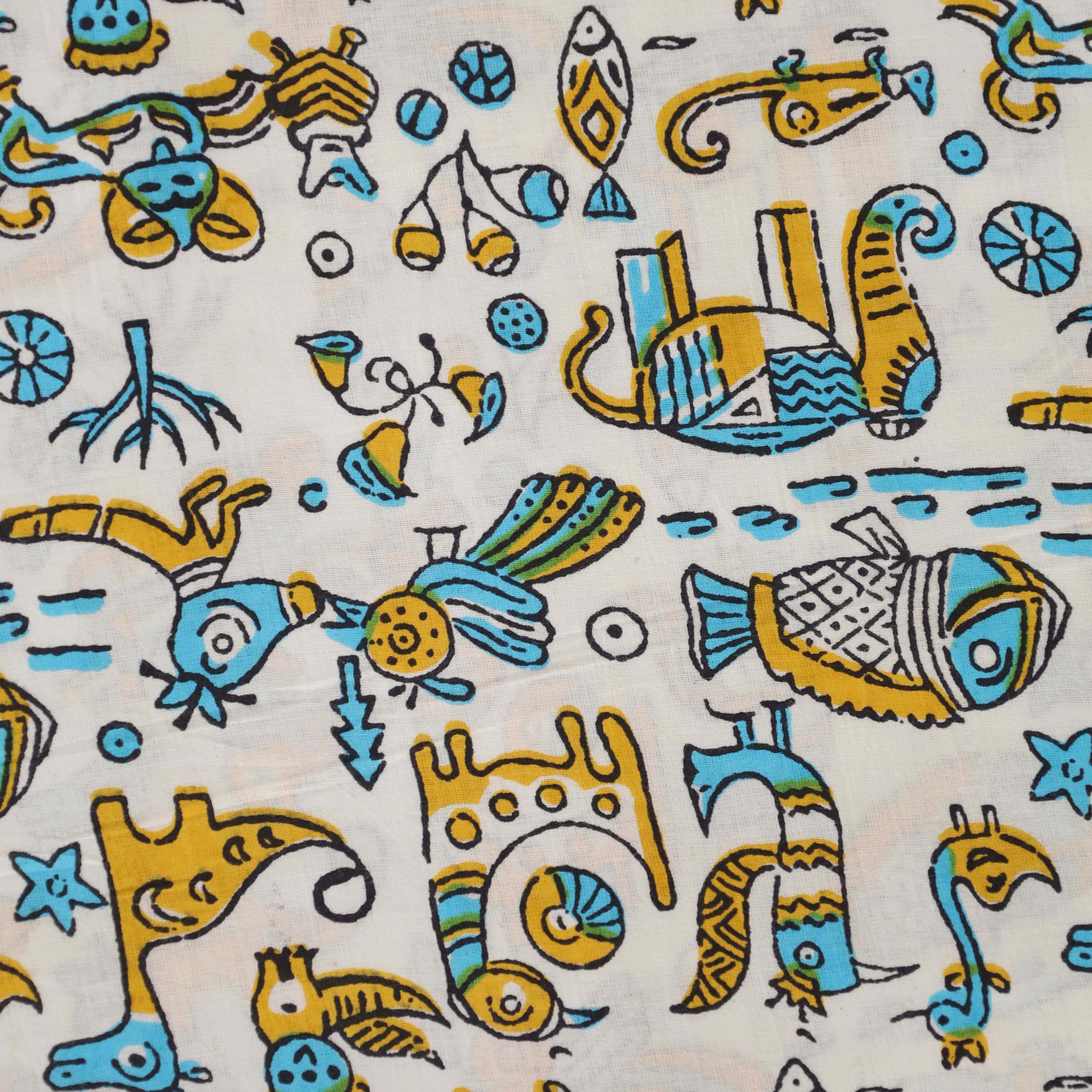 (1 Yard) Whimsical Menagerie Hand Block Printed Cotton Fabric - Artisan Crafted