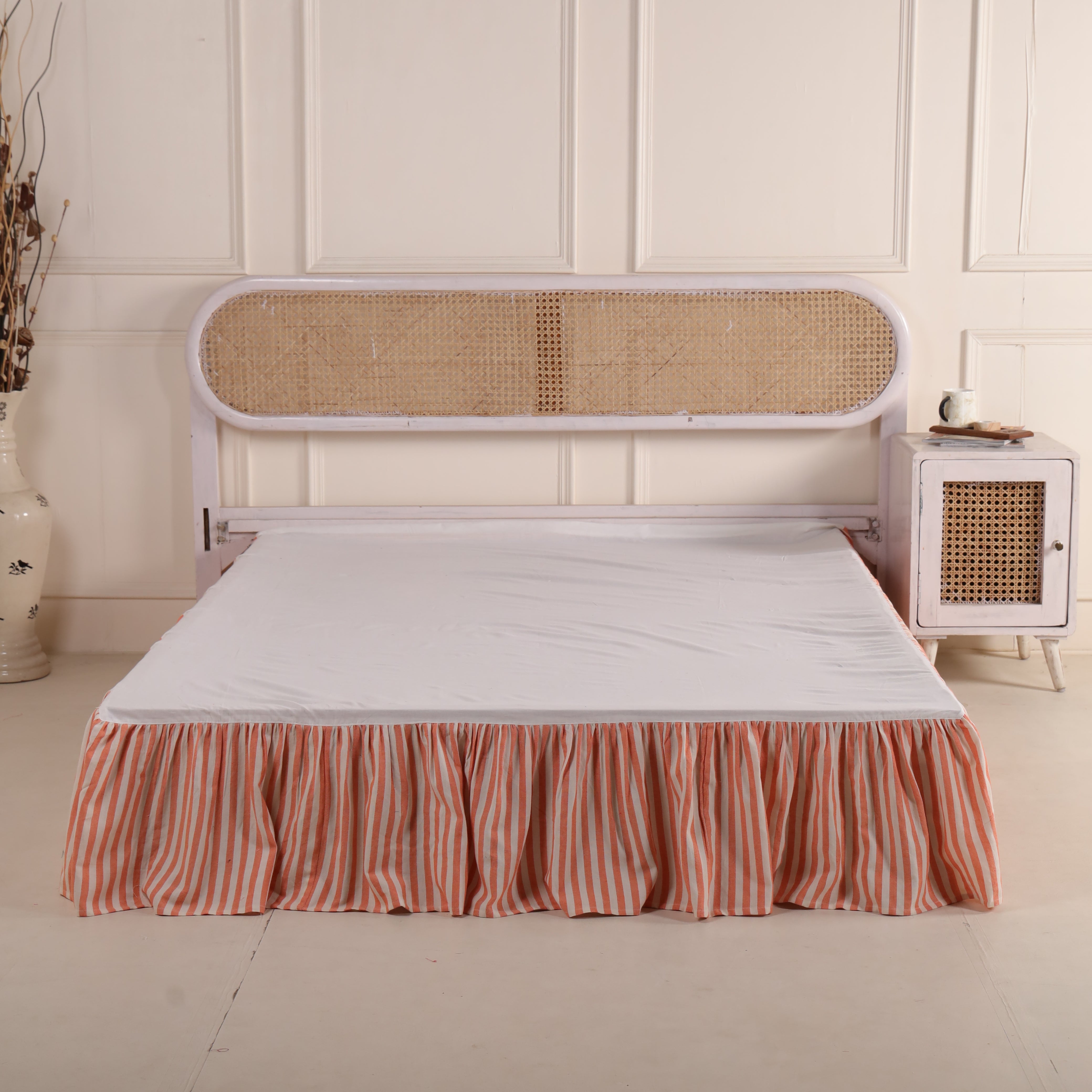 Blush Coral Striped Ruffled Bed Skirt – Soft Gathered Coastal Bed Valance