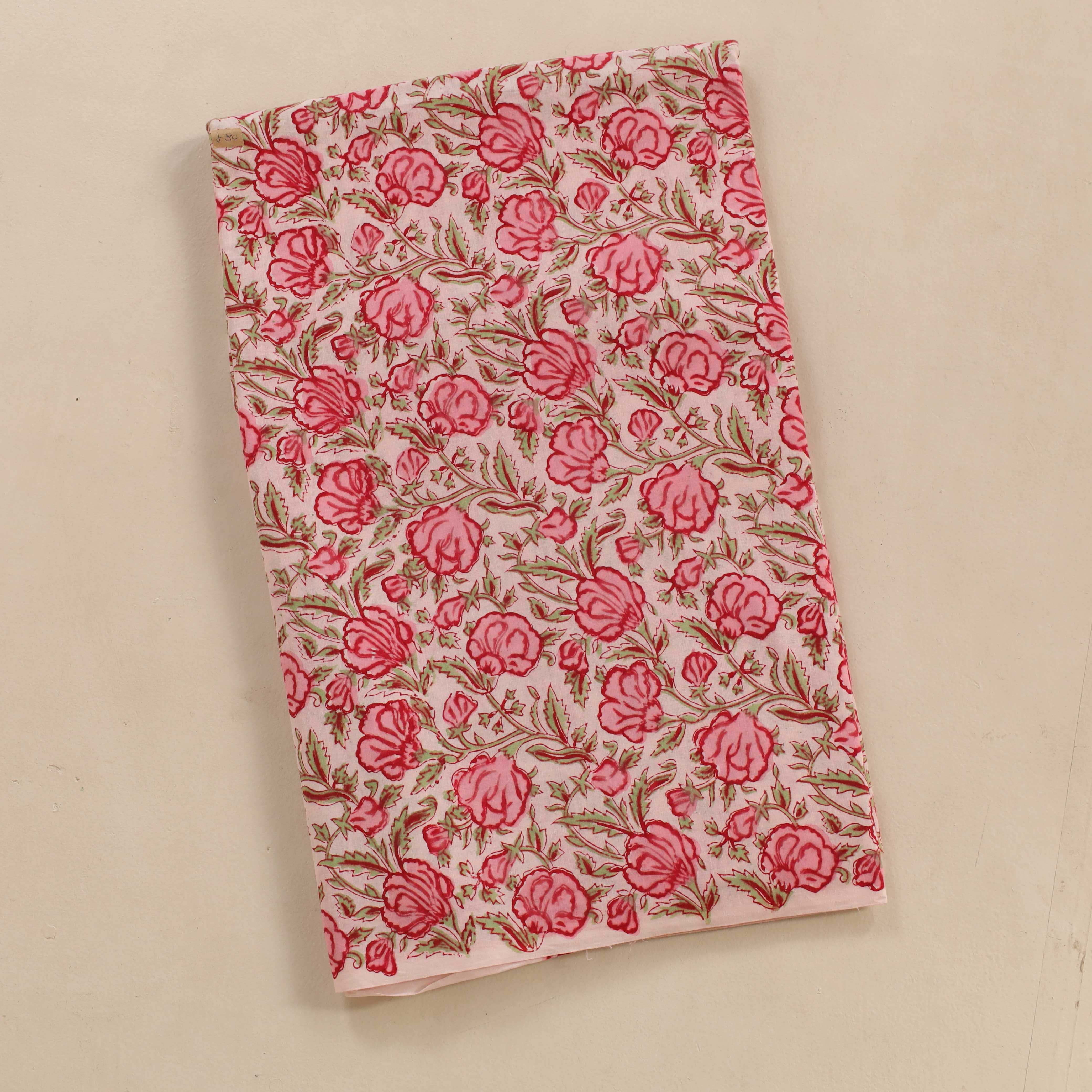 (1 Yard) Vintage Rose Garden Hand Block Printed Cotton Fabric - Artisan Crafted