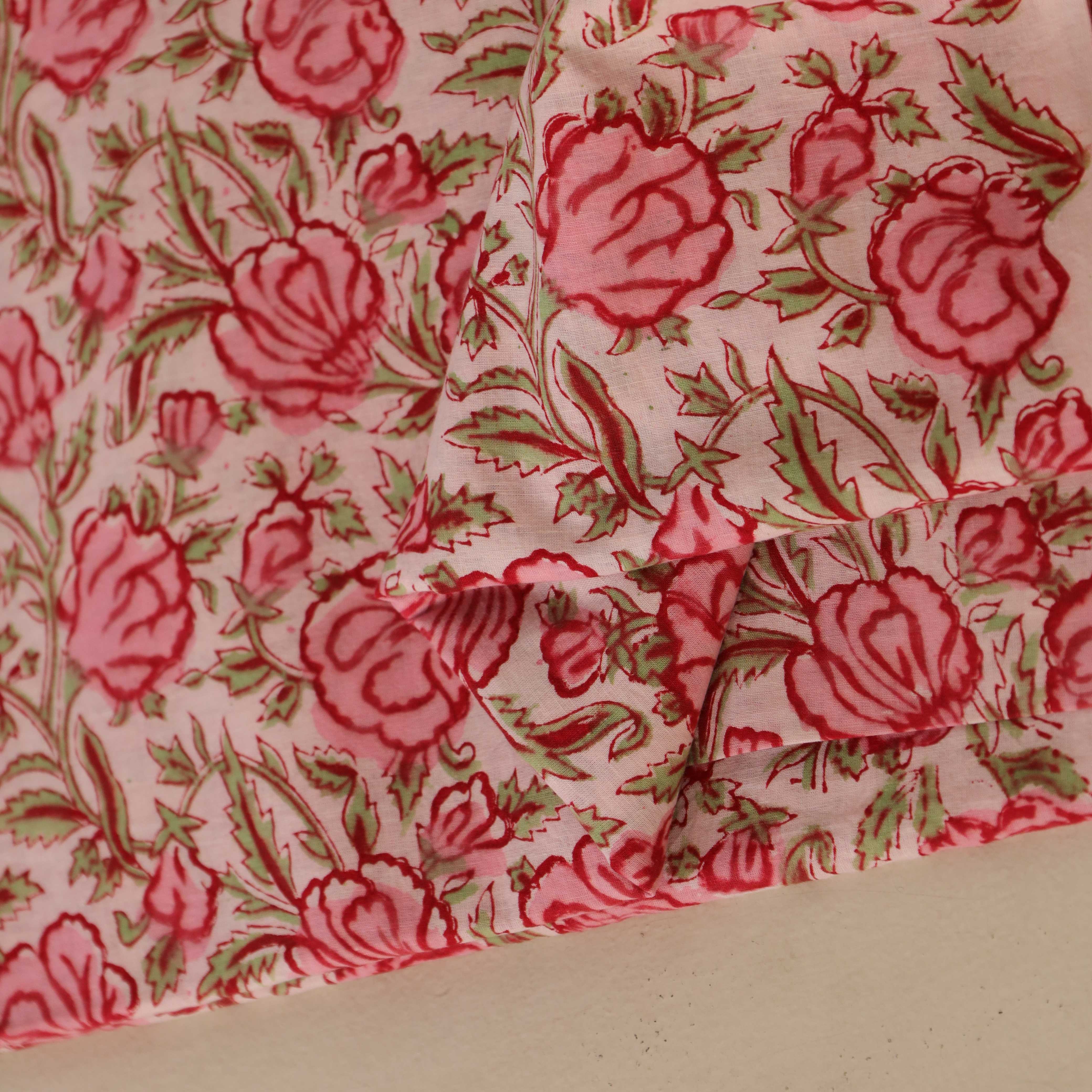 (1 Yard) Vintage Rose Garden Hand Block Printed Cotton Fabric - Artisan Crafted