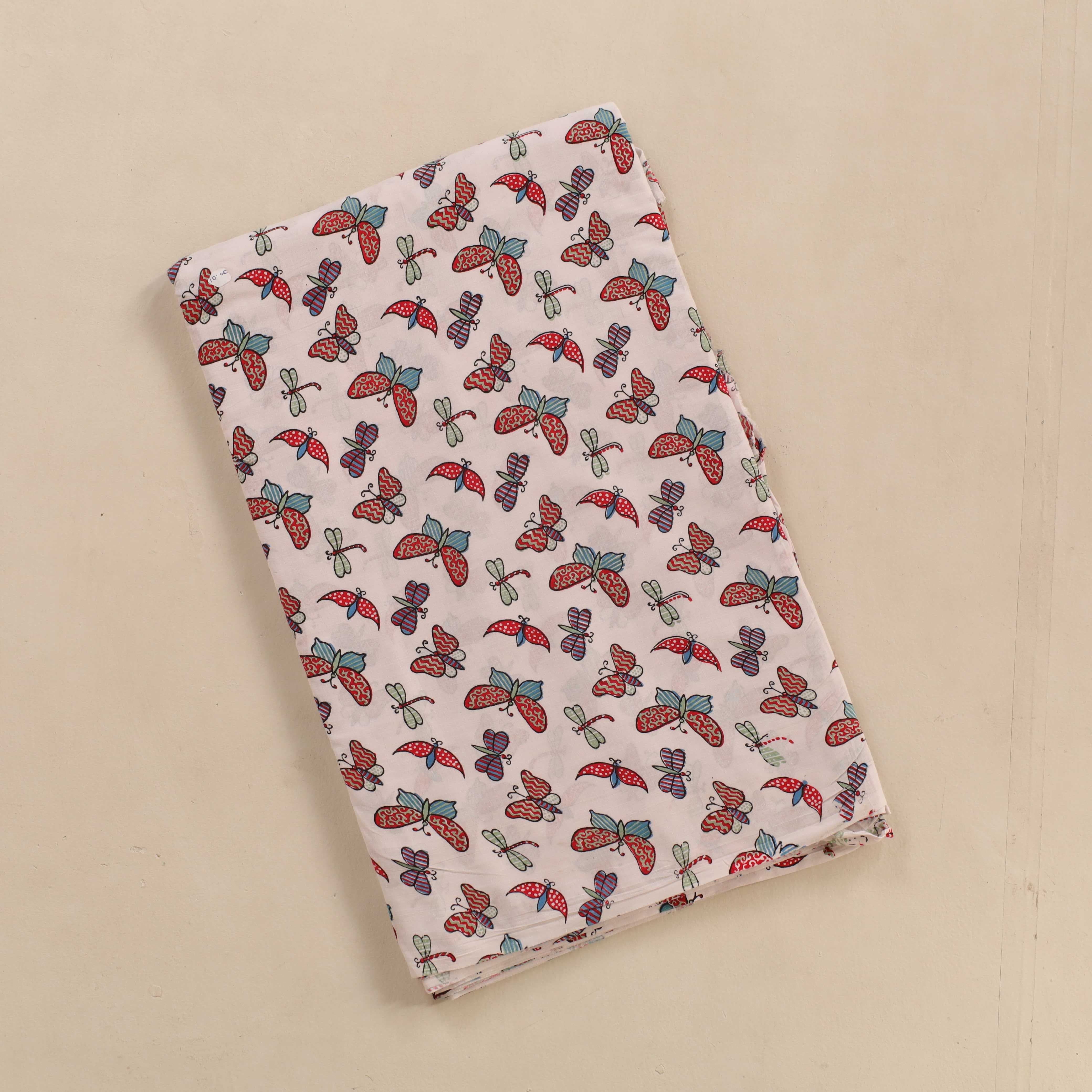 (1 Yard) Butterfly & Dragonfly Meadow Hand Block Printed Cotton Fabric