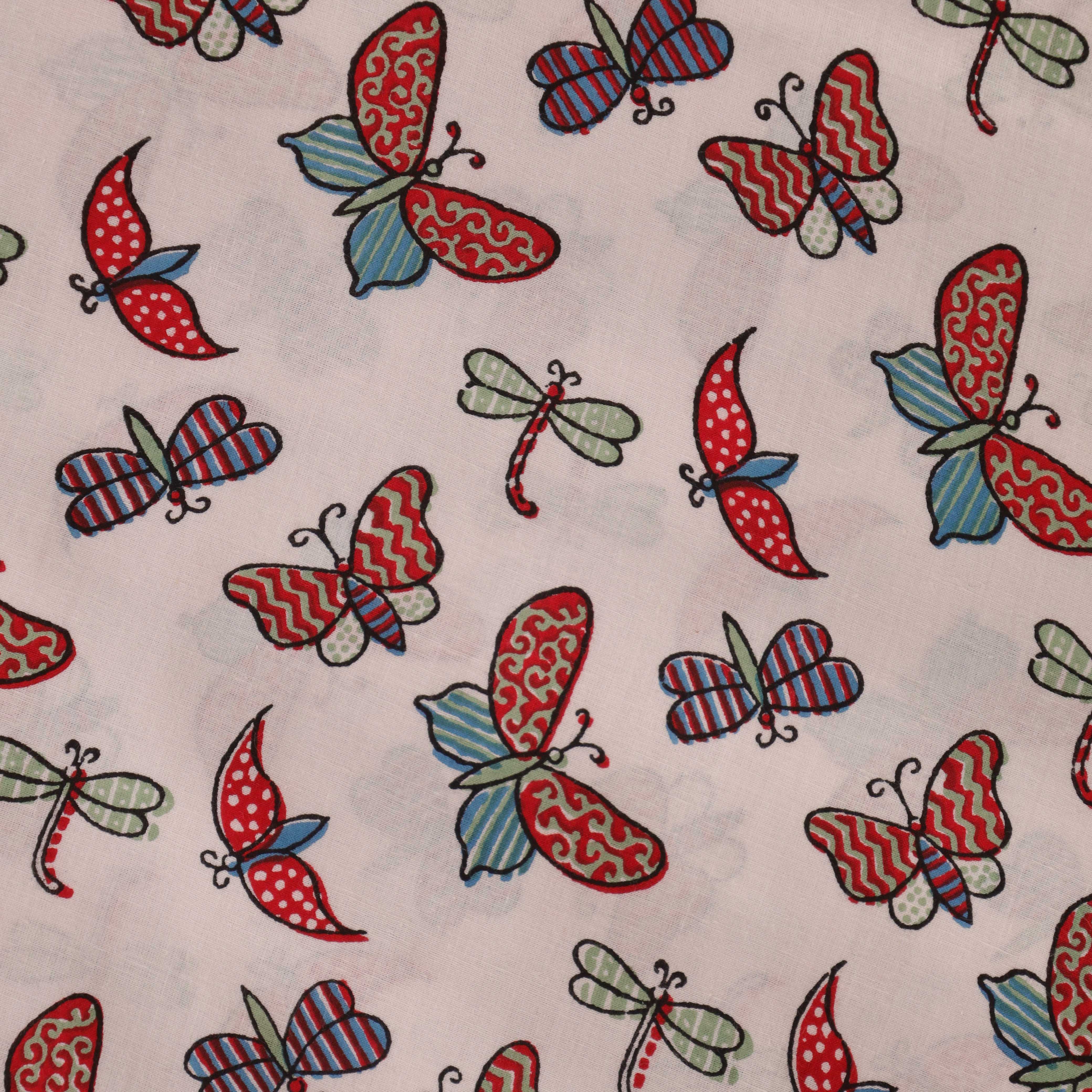 (1 Yard) Butterfly & Dragonfly Meadow Hand Block Printed Cotton Fabric