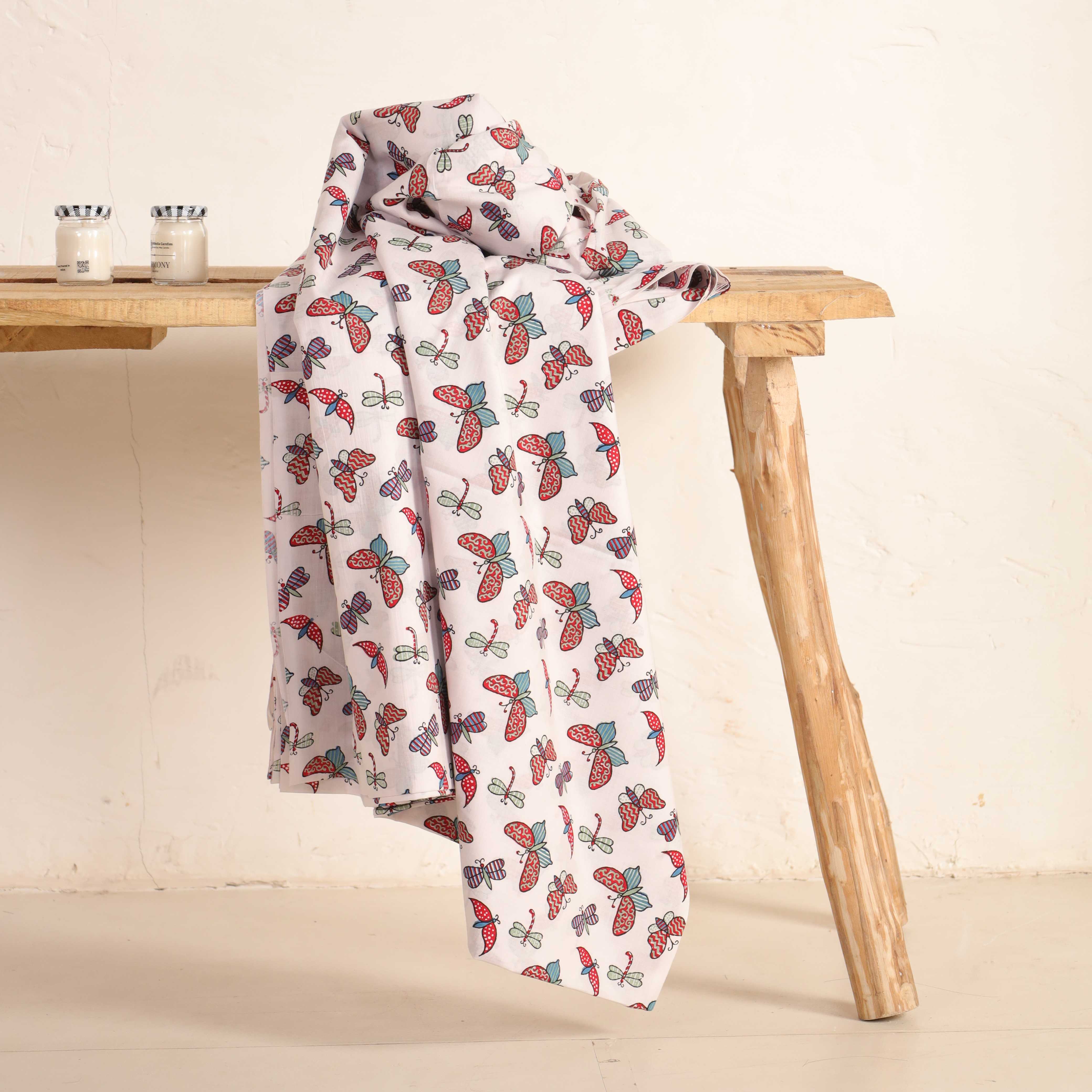 (1 Yard) Butterfly & Dragonfly Meadow Hand Block Printed Cotton Fabric