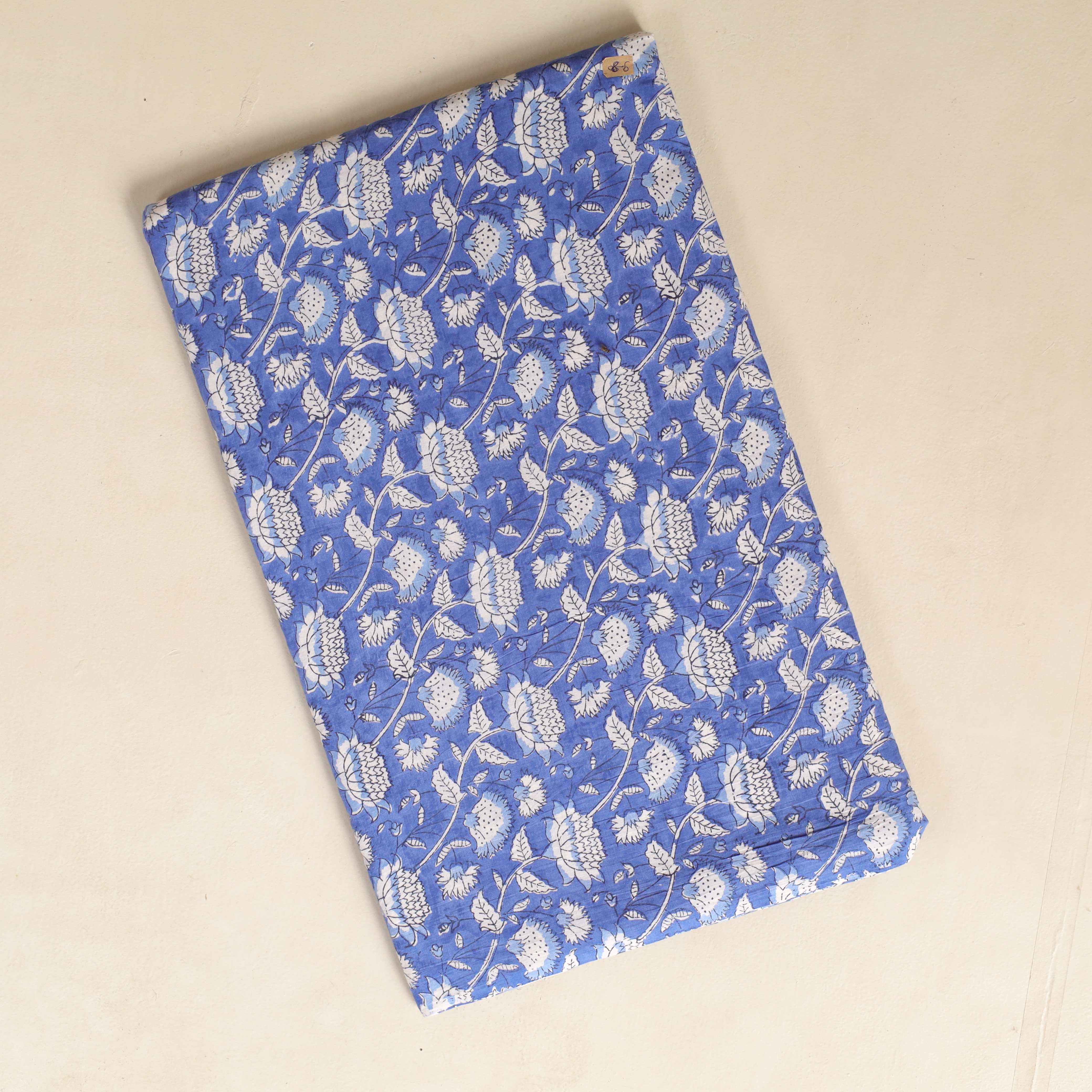 (1 Yard) Indigo Meadow Hand Block Printed Cotton Fabric - Artisan Crafted