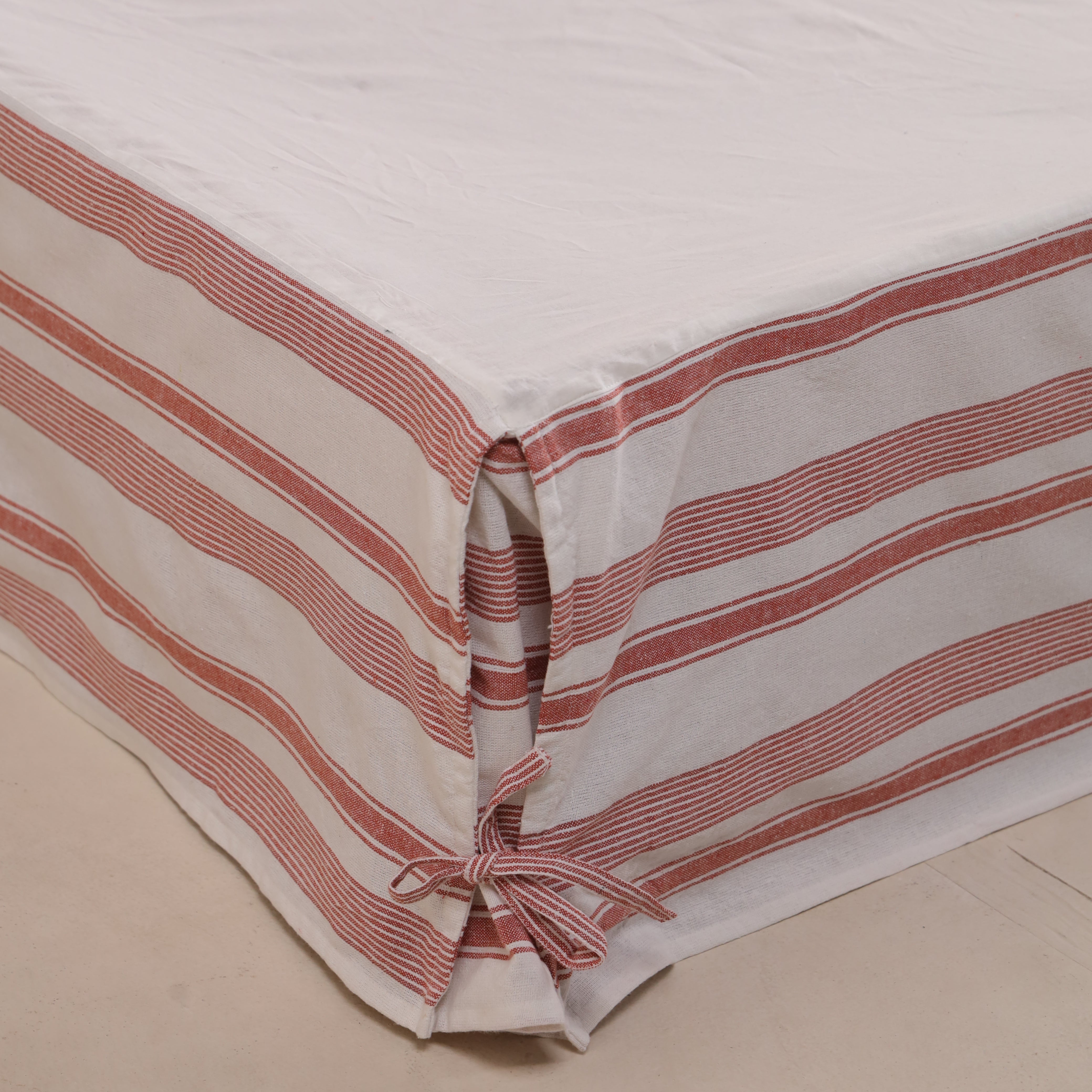 Vintage Crimson Striped Tailored Bed Skirt – Split Corner Bed Valance with Side Ties