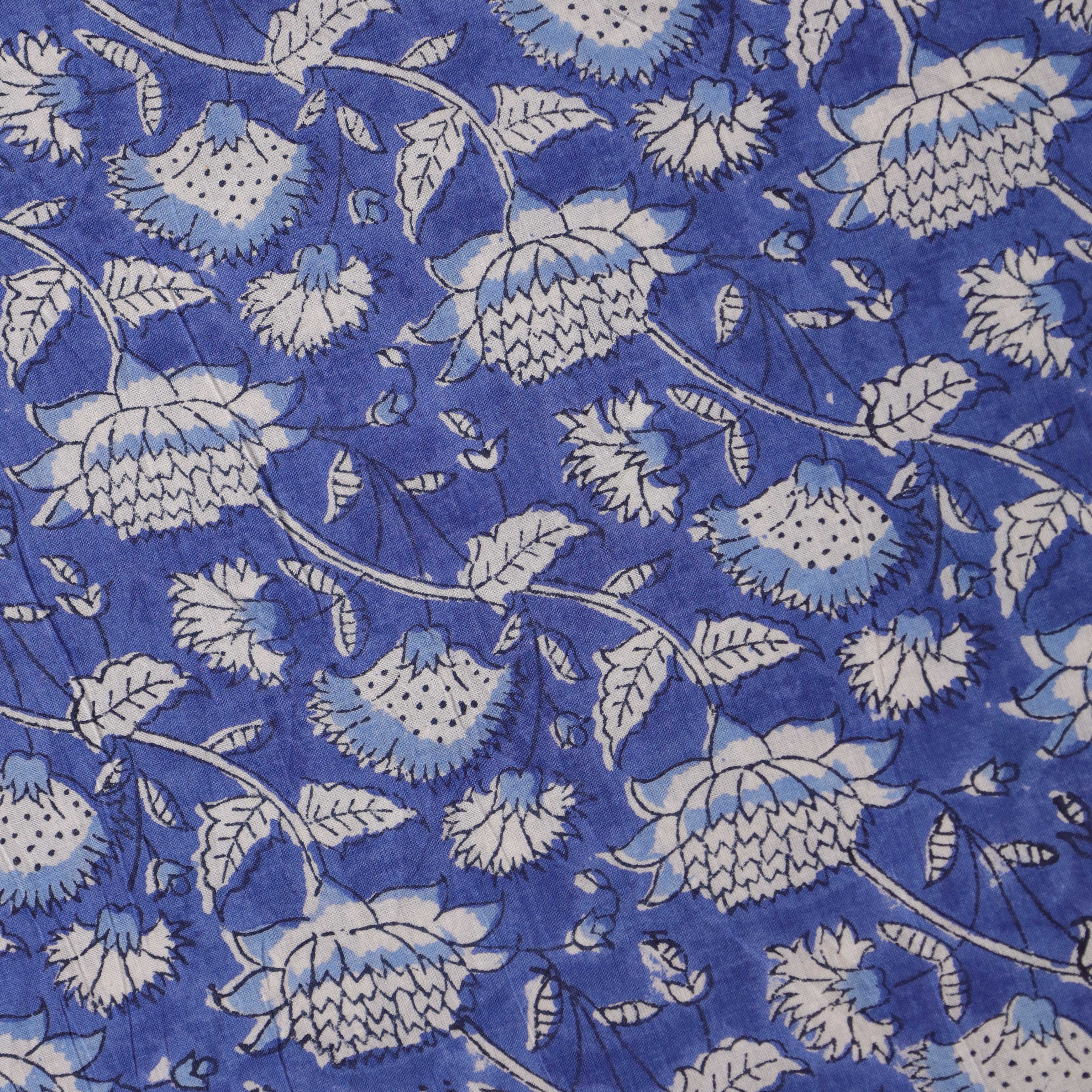 (1 Yard) Indigo Meadow Hand Block Printed Cotton Fabric - Artisan Crafted