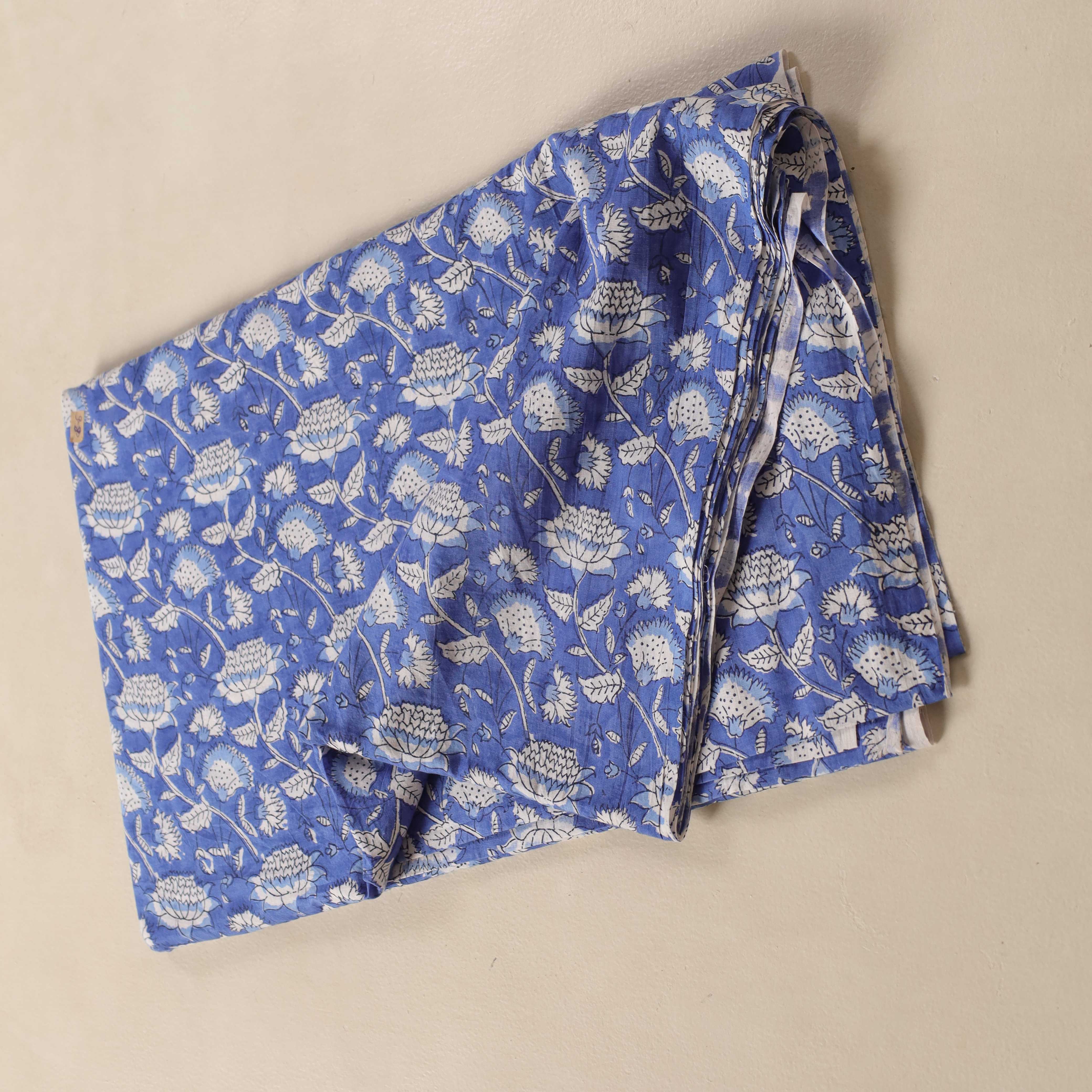 (1 Yard) Indigo Meadow Hand Block Printed Cotton Fabric - Artisan Crafted