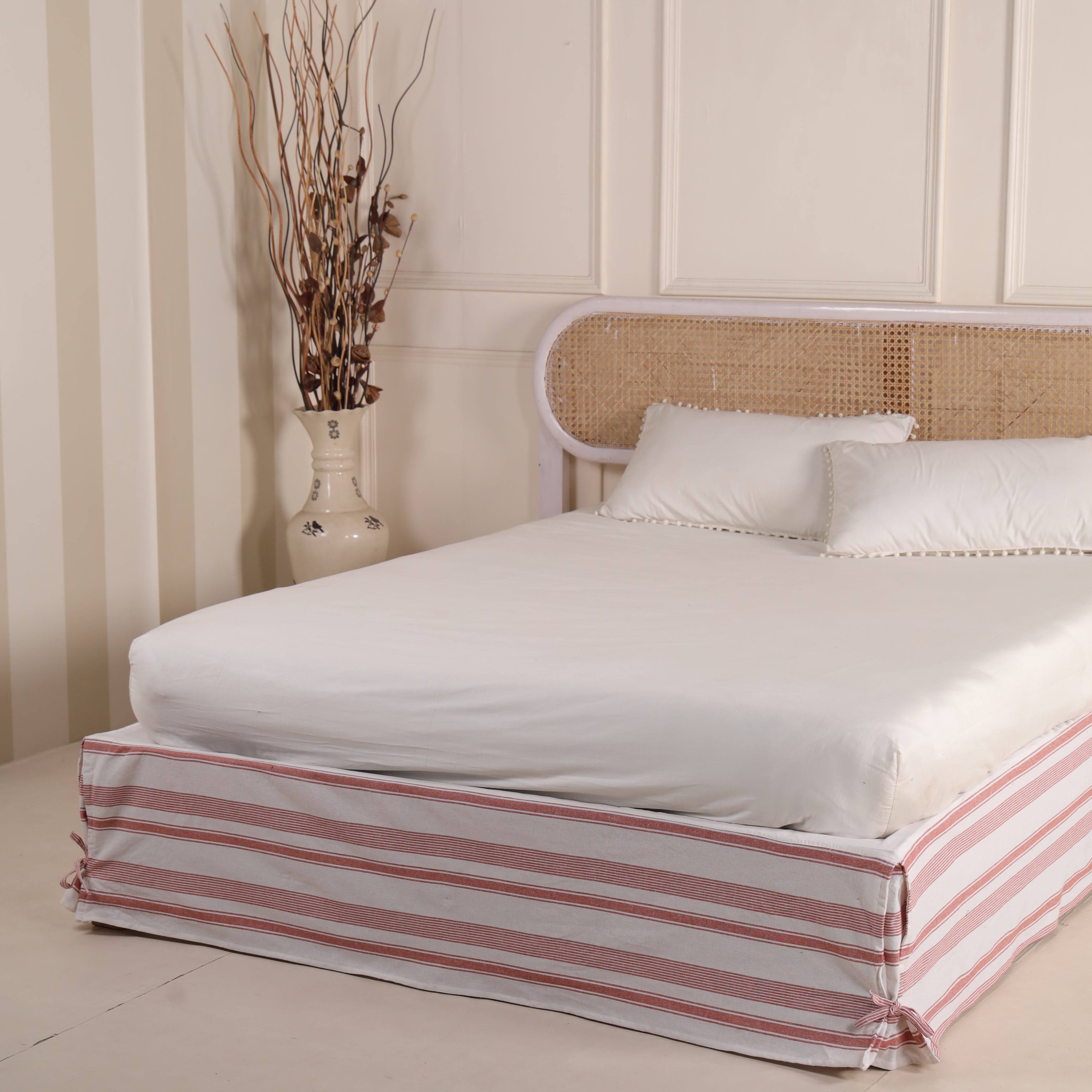Vintage Crimson Striped Tailored Bed Skirt – Split Corner Bed Valance with Side Ties