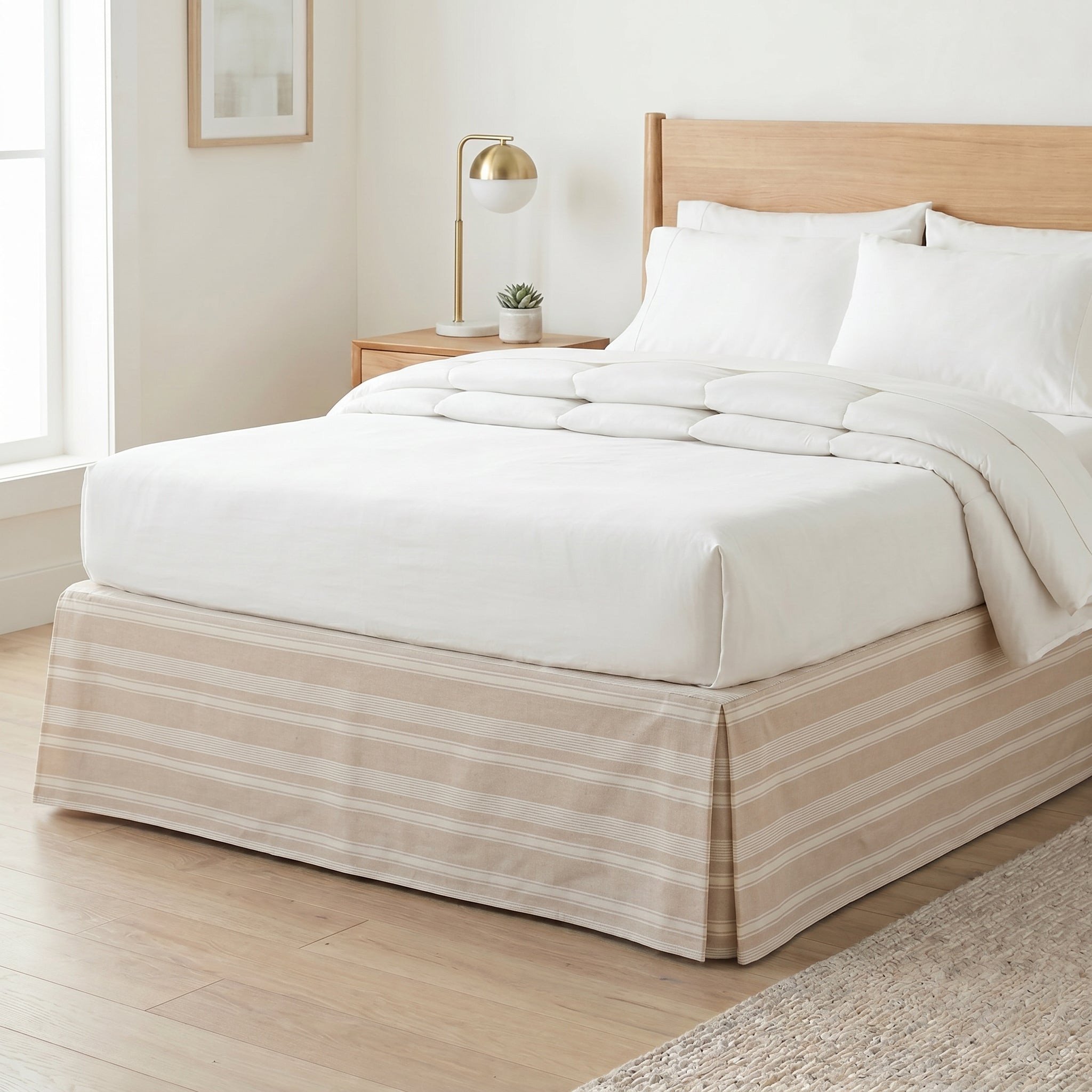Classic Ticking Stripe Tailored Bed Skirt – Pleated Bed Valance with Button-Loop Accent Tabs