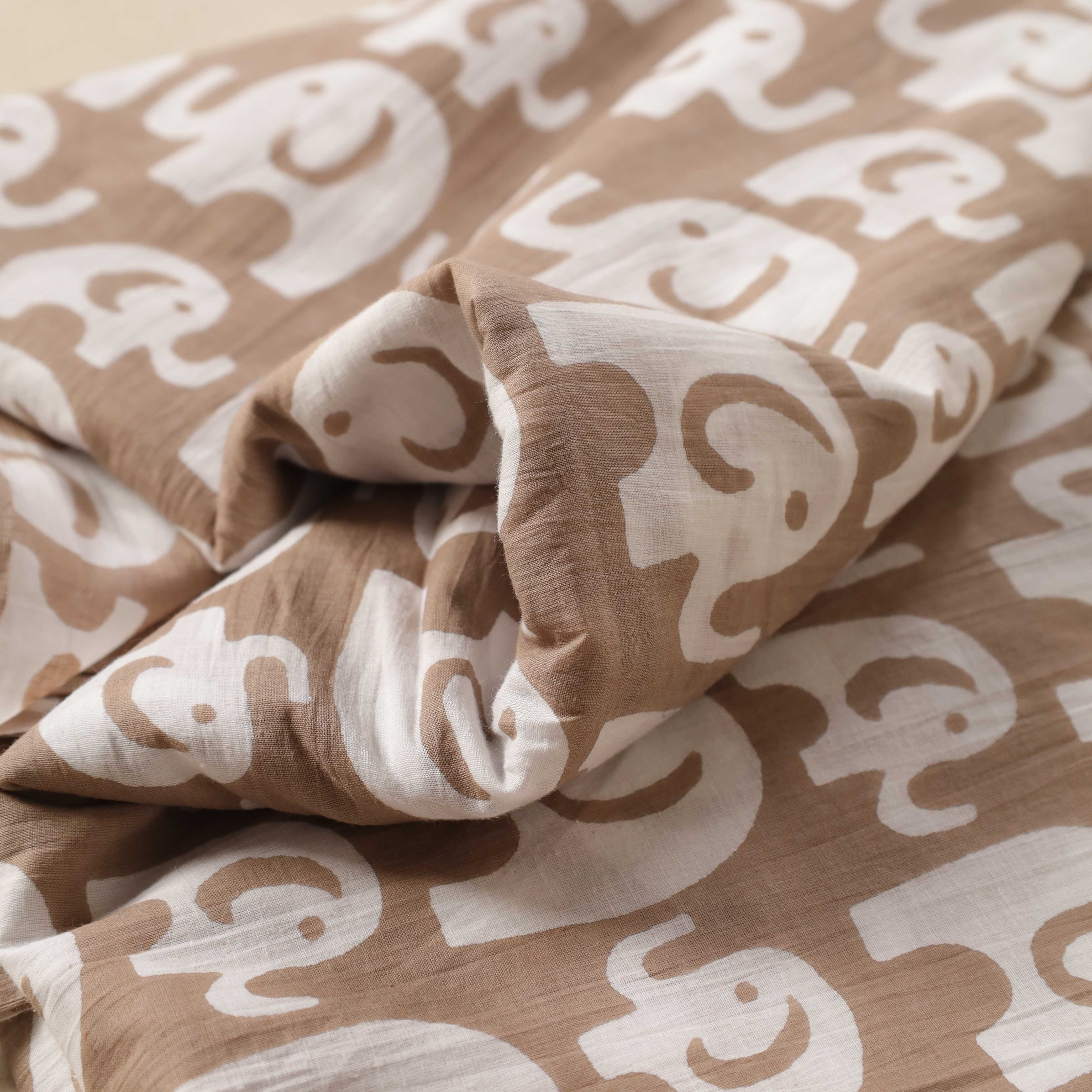 (1 Yard) Hand Block Printed Elephant Motif Cotton Fabric - Sand & White