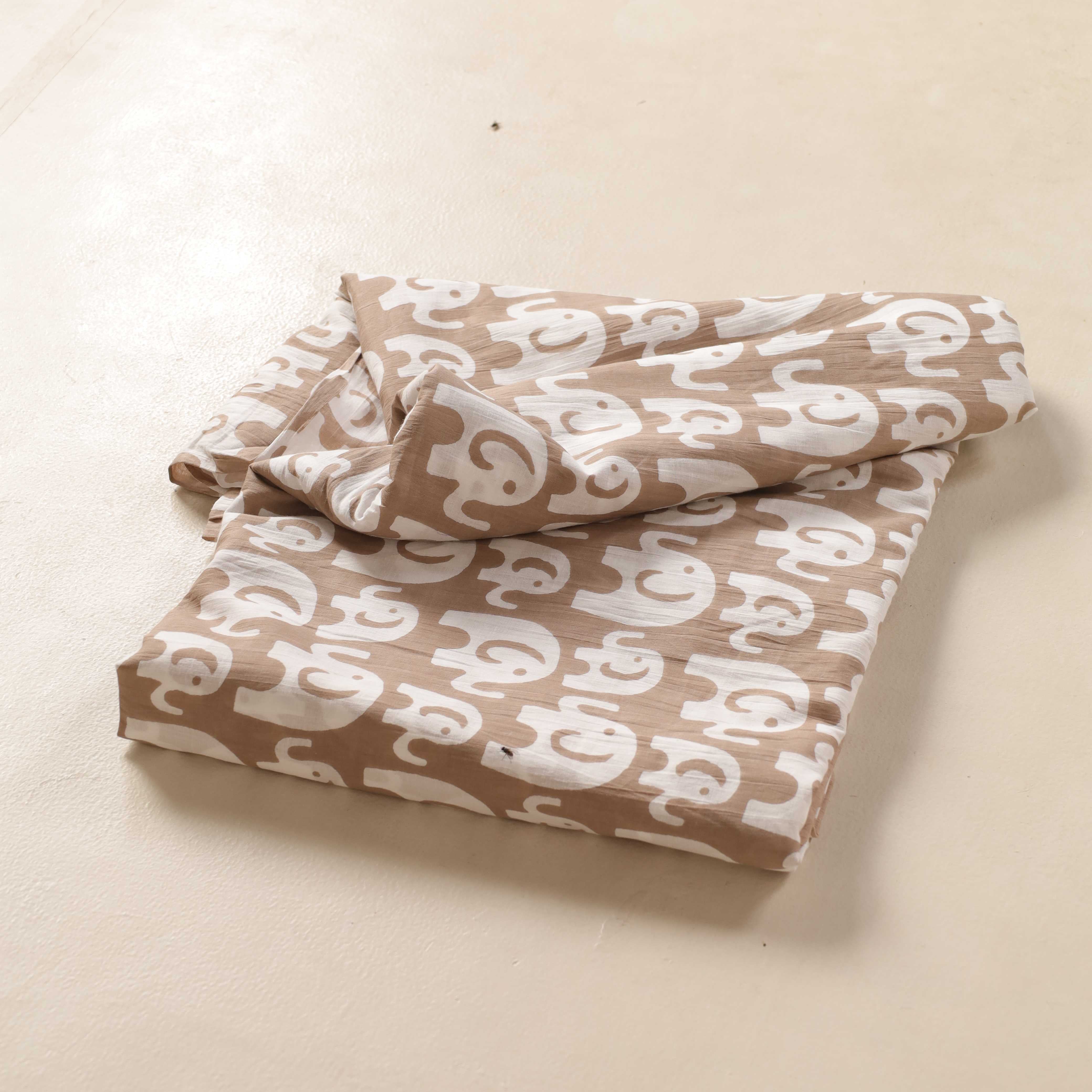 (1 Yard) Hand Block Printed Elephant Motif Cotton Fabric - Sand & White