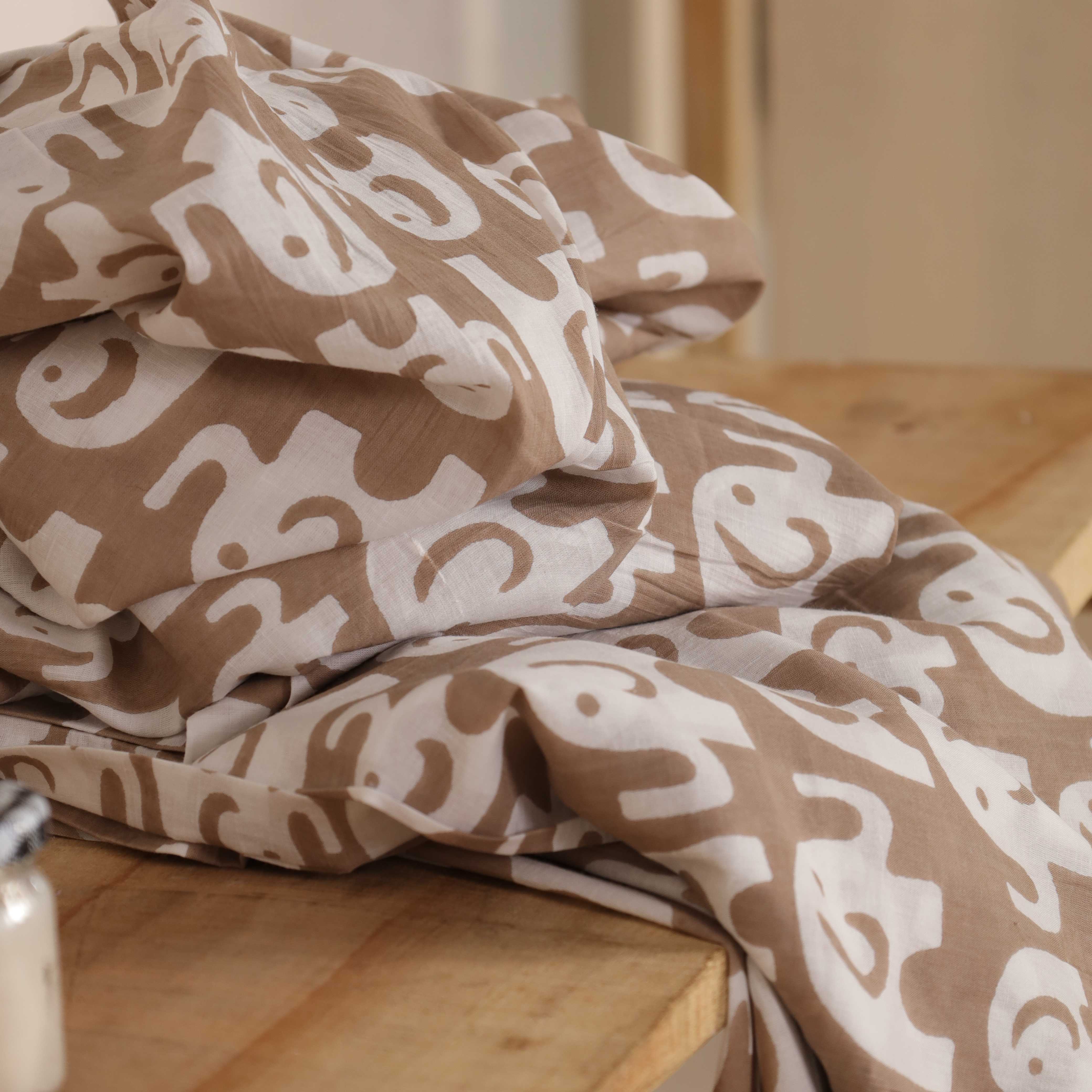 (1 Yard) Hand Block Printed Elephant Motif Cotton Fabric - Sand & White