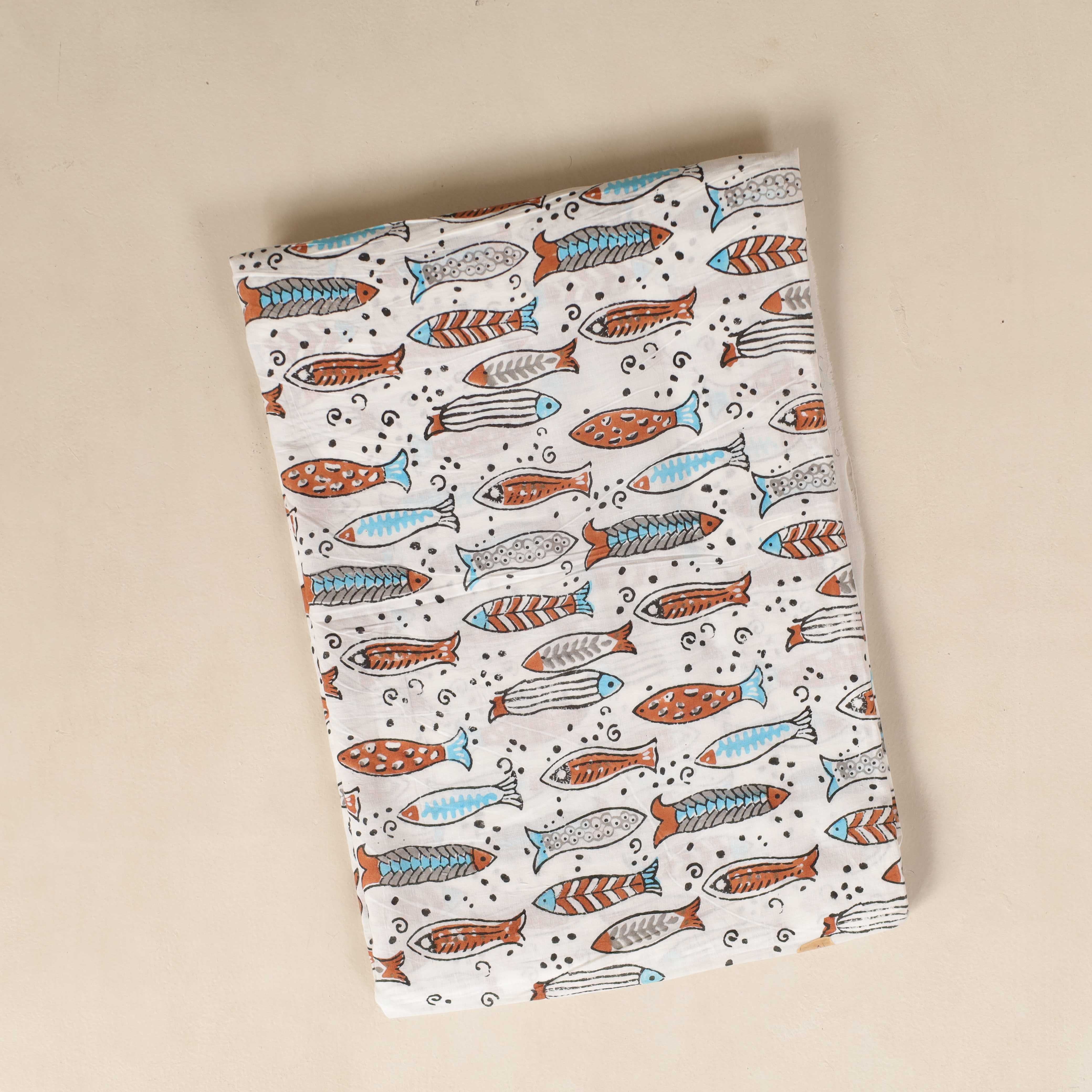 (1 Yard) Hand Block Printed Fish Motif Cotton Fabric - Multi-Color Indigo & Rust
